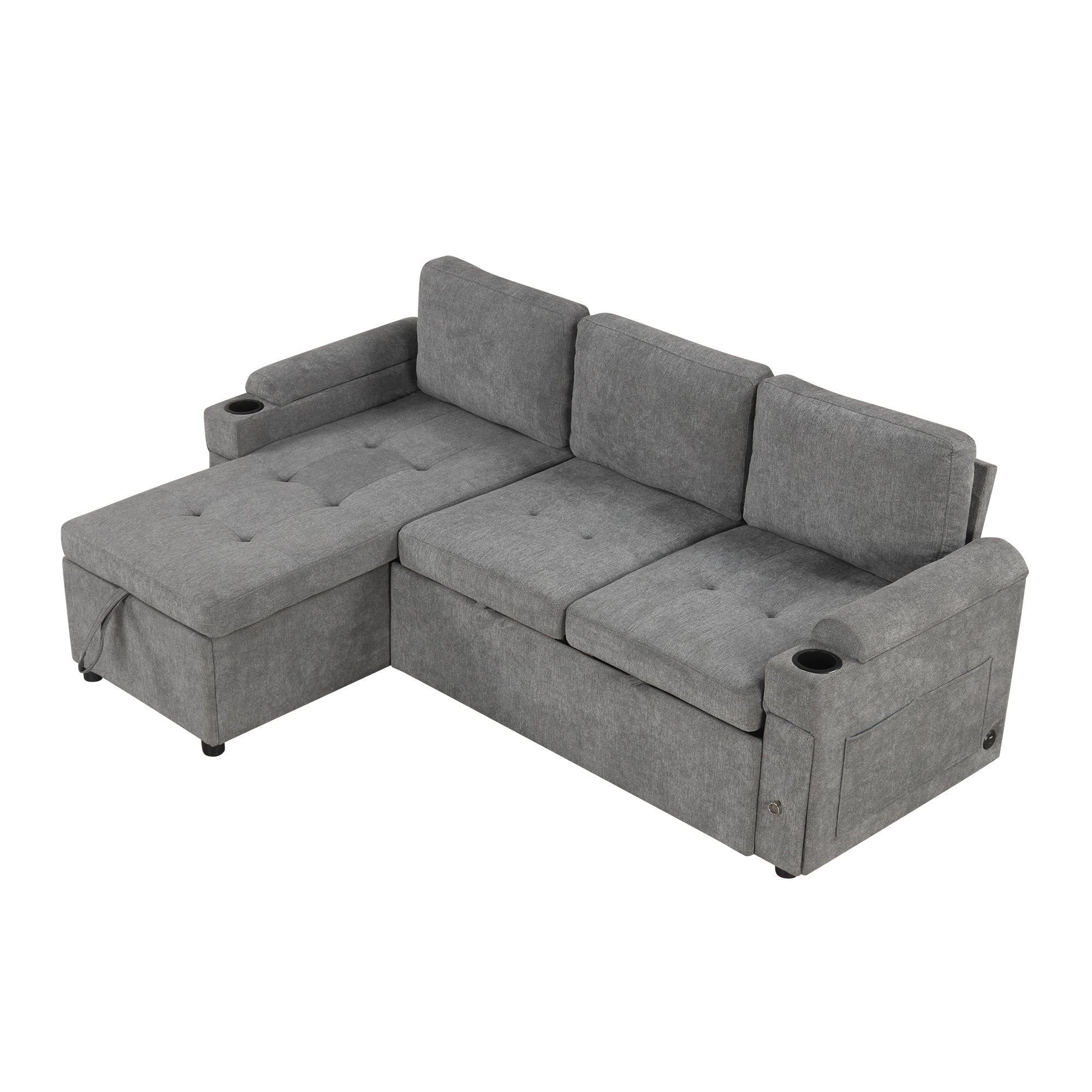 Modern L-shaped Convertible Sofa Bed with Storage, Cup Holders, USB Ports, Gray Chenille, 83.5' - Grand Goldman Shop