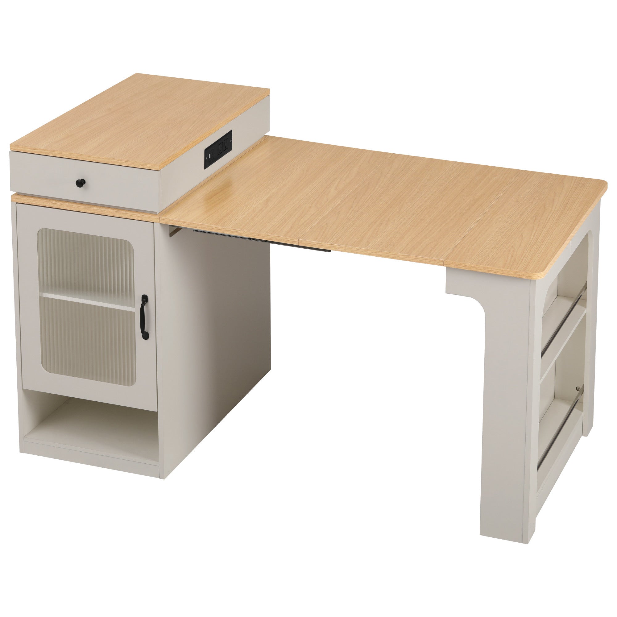 K&K 59.5' Kitchen Island with Extendable Dining Table, Kitchen Storage Table with Double-sided Storage, Kitchen Island with 2 Drawers, Power Outlet, Side Open Shelves, for Kitchen, Dining Room, White - Grand Goldman Shop
