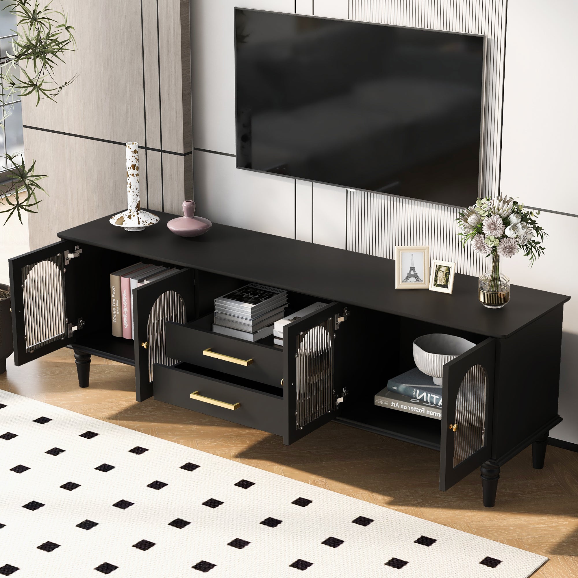 68.9'' Retro TV Stand for TVs up to 75 Inches, Entertainment Center Media Console with Fluted Glass Doors and Five Solid Wood Legs for Living room - Grand Goldman Shop