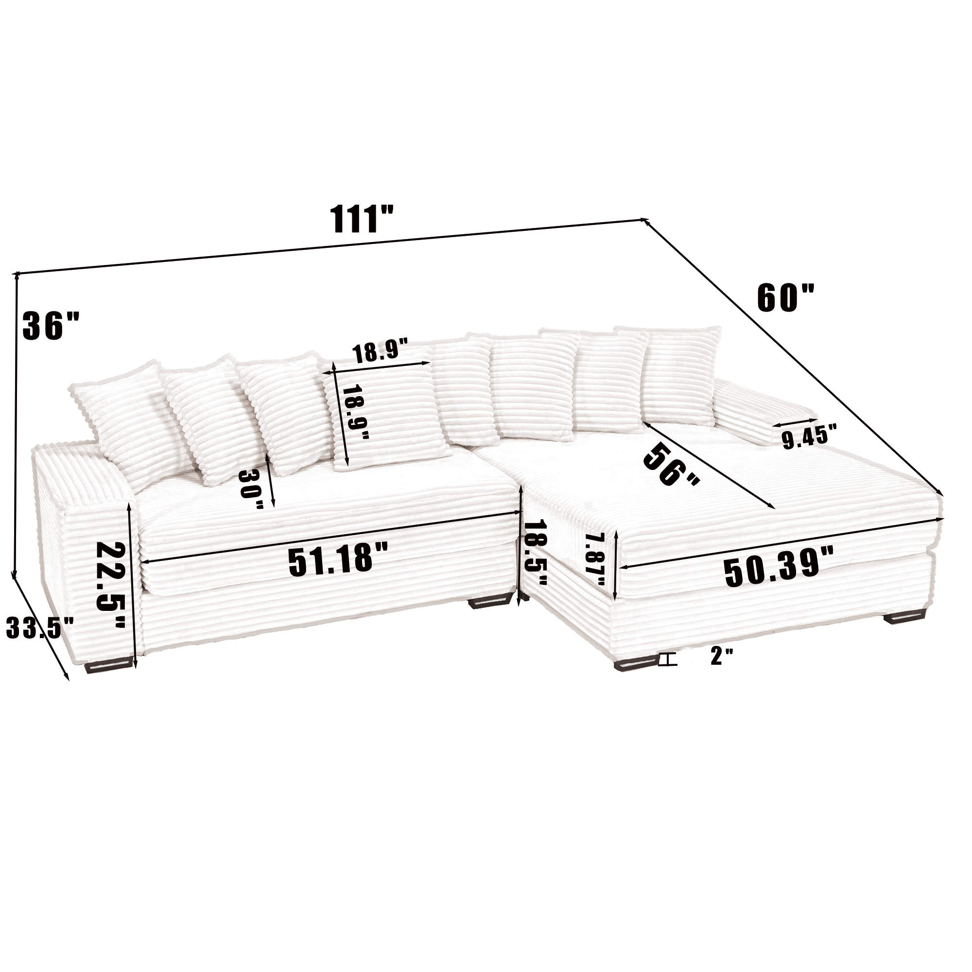 [NEW ARRIVED] [VIDEO PROVIDED] Oversized Two-Piece  Couches,  L Shaped Sofa, Corduroy, Right Chaise Daybed,with Armrests,Eight Throw Pillows,Corner Sofa,Easy To Assemble,  Black - Grand Goldman Shop