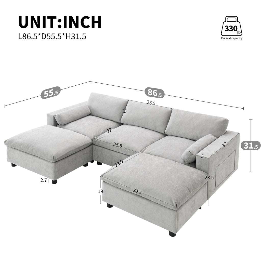[VIDEO]86.5'' Chenille Modular Sectional Sofa with Storage Pockets, 5 Seat U Shaped Couch Set with Pillows,Free Combination,Modern Cloud Sofa with 2 Movable Ottoman for Living Room,Apartment,3 Colors - Grand Goldman Shop