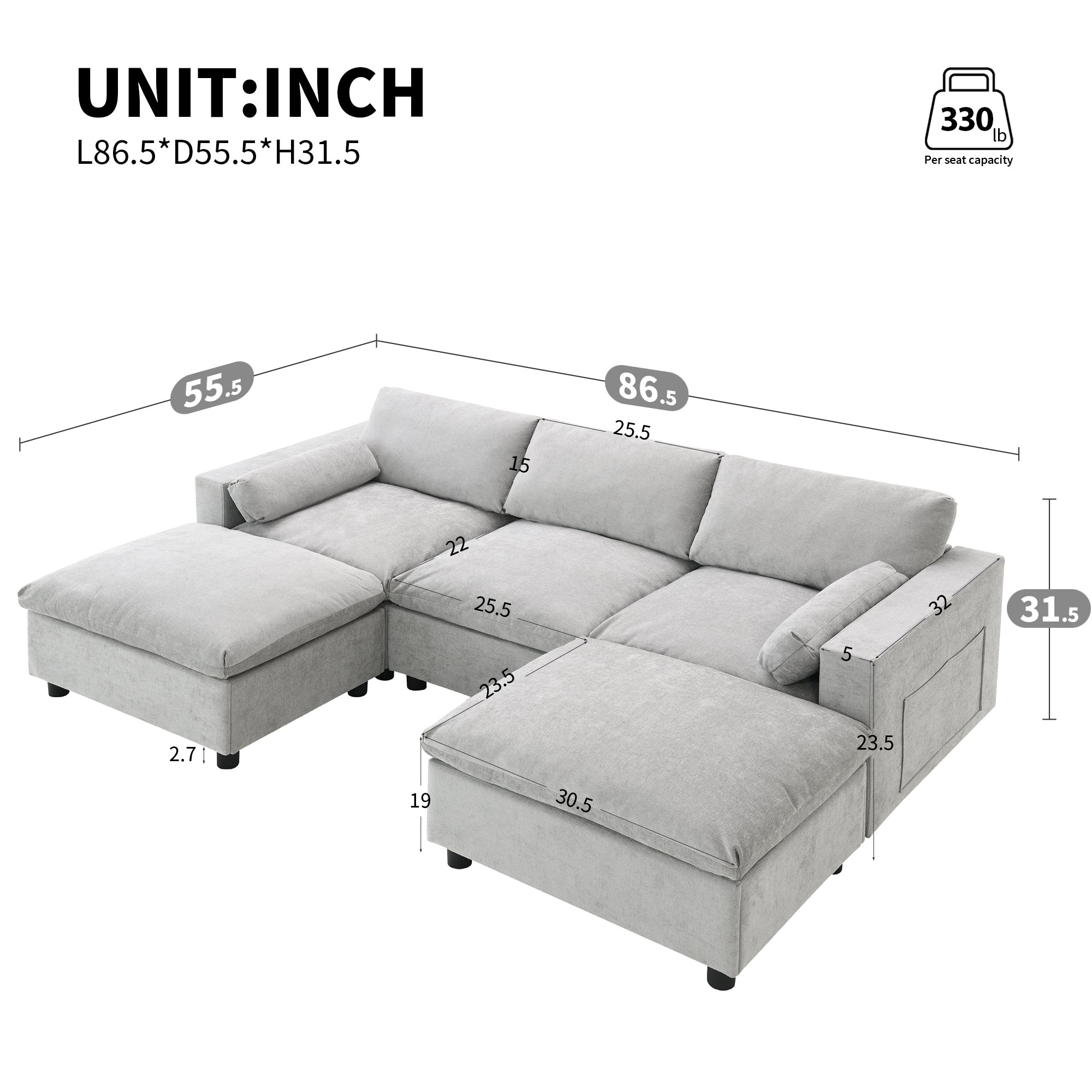 [VIDEO]86.5'' Chenille Modular Sectional Sofa with Storage Pockets, 5 Seat U Shaped Couch Set with Pillows,Free Combination,Modern Cloud Sofa with 2 Movable Ottoman for Living Room,Apartment,3 Colors - Grand Goldman Shop