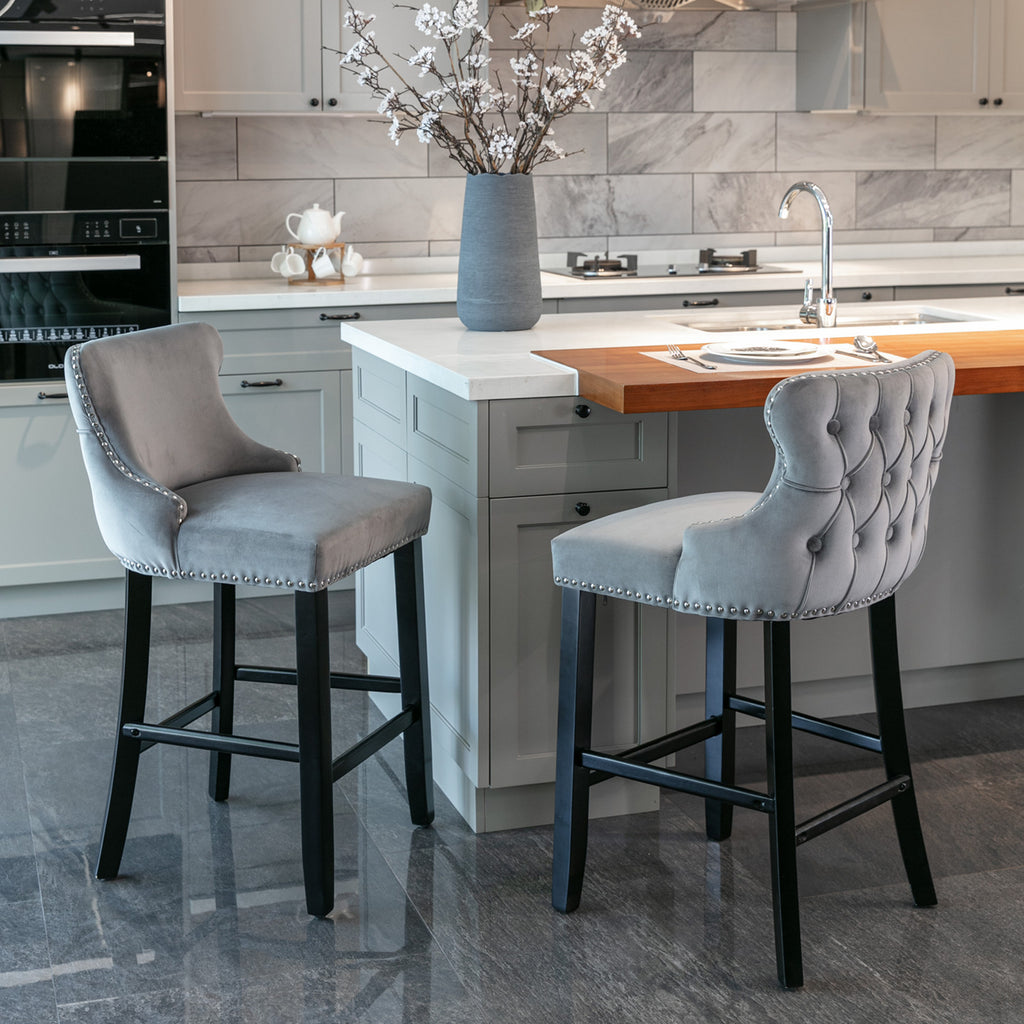 A&A Furniture,Contemporary Velvet Upholstered Wing-Back Barstools with Button Tufted Decoration and Wooden Legs, and Chrome Nailhead Trim, Leisure Style Bar Chairs,Bar stools, Set of 2 (Gray),SW1824GY - Grand Goldman Shop