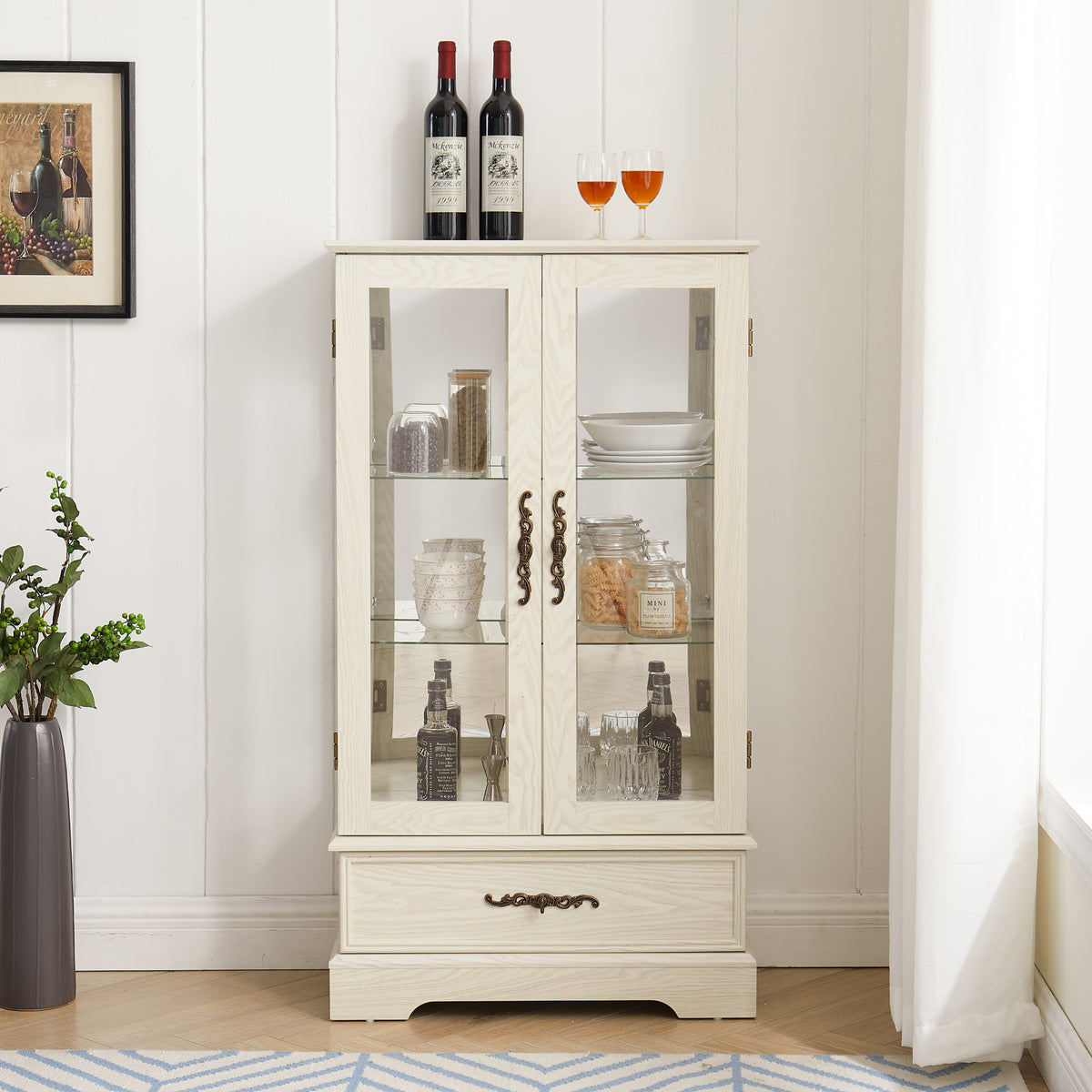 Glass Cabinet Lighted Glass Cabinet Curio Display Cabinet with Adjustable Glass Shelves 2 Doors and 1 drawer Cabinet Bulb Included White - Grand Goldman Shop