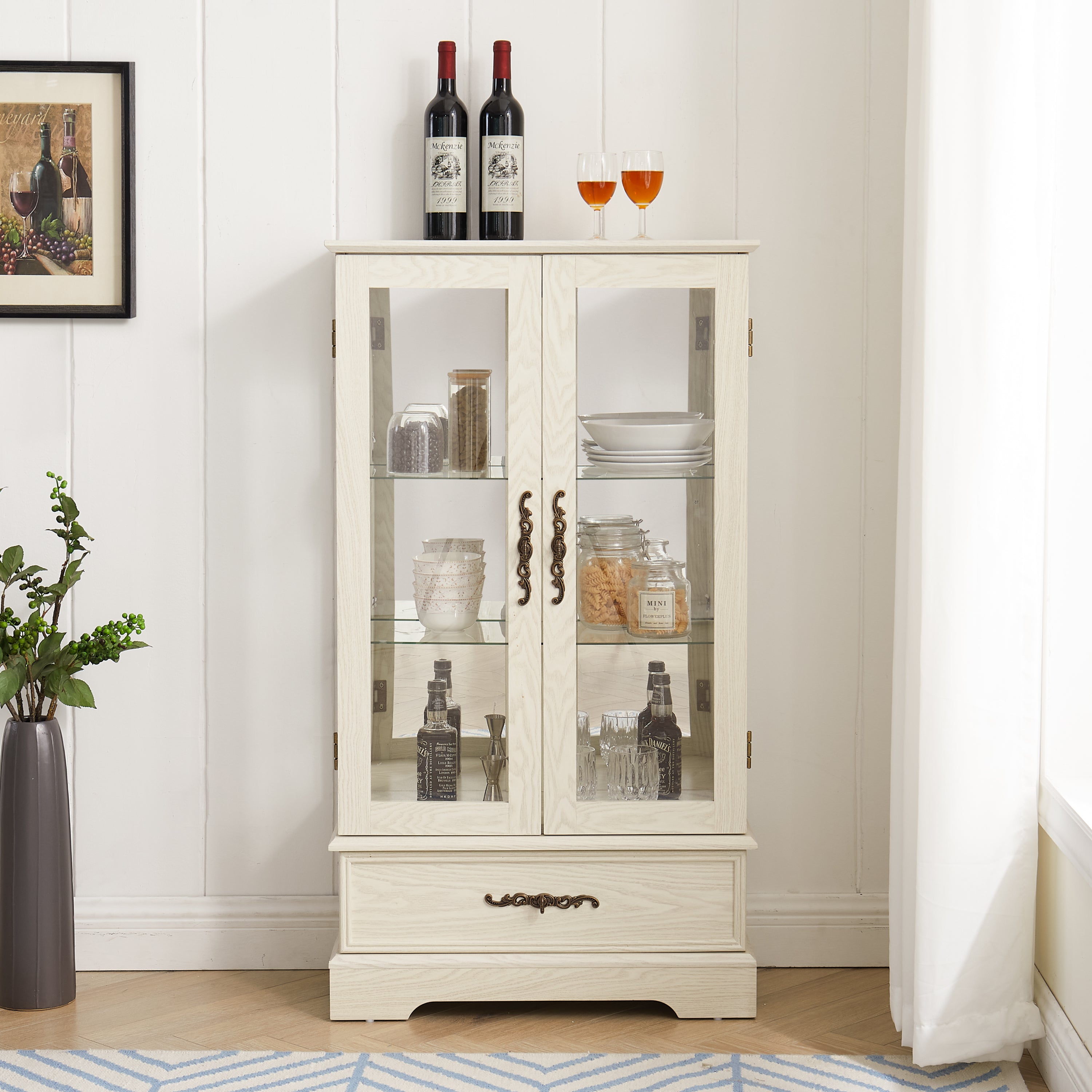 Glass Cabinet Lighted Glass Cabinet Curio Display Cabinet with Adjustable Glass Shelves 2 Doors and 1 drawer Cabinet Bulb Included White - Grand Goldman Shop