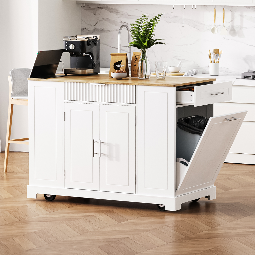 K&K Fluted Kitchen Island with Trash Can Storage Cabinet, Power Outlet, Internal Storage Rack, Rolling Kitchen Islands on 5 Wheels with 3 Drawer, 3 Open Side Racks for 10 Gallon Garbage Bin, White - Grand Goldman Shop