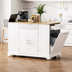 K&K Fluted Kitchen Island with Trash Can Storage Cabinet, Power Outlet, Internal Storage Rack, Rolling Kitchen Islands on 5 Wheels with 3 Drawer, 3 Open Side Racks for 10 Gallon Garbage Bin, White - Grand Goldman Shop