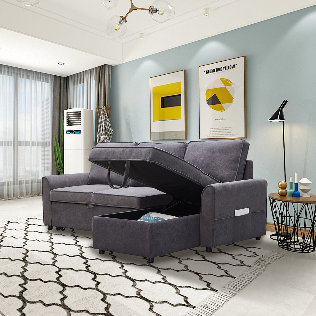 MGEA Modern modular L-shaped sofa bed with chaise longue, reversible sofa bed with pull-out bed and storage, 4-seat linen fabric convertible sofa for living room dark grey - Grand Goldman Shop