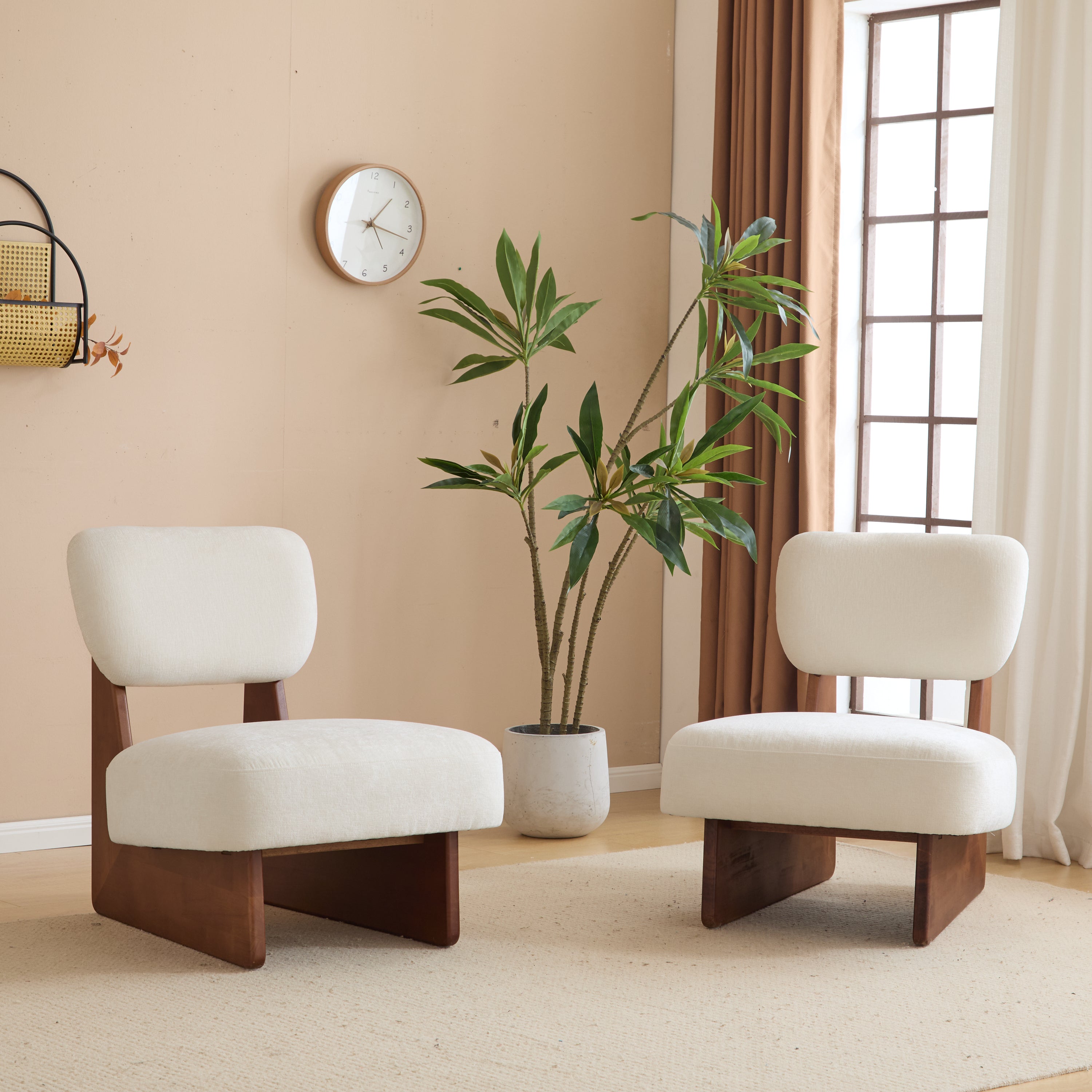 [Set of 2] Modern Beige Lounge Chair with Polyester Upholstery, Sturdy Wood Base With Walnut Finish, Minimalist and Stylish Accent Seating for Living Room, Bedroom, or Office - Grand Goldman Shop