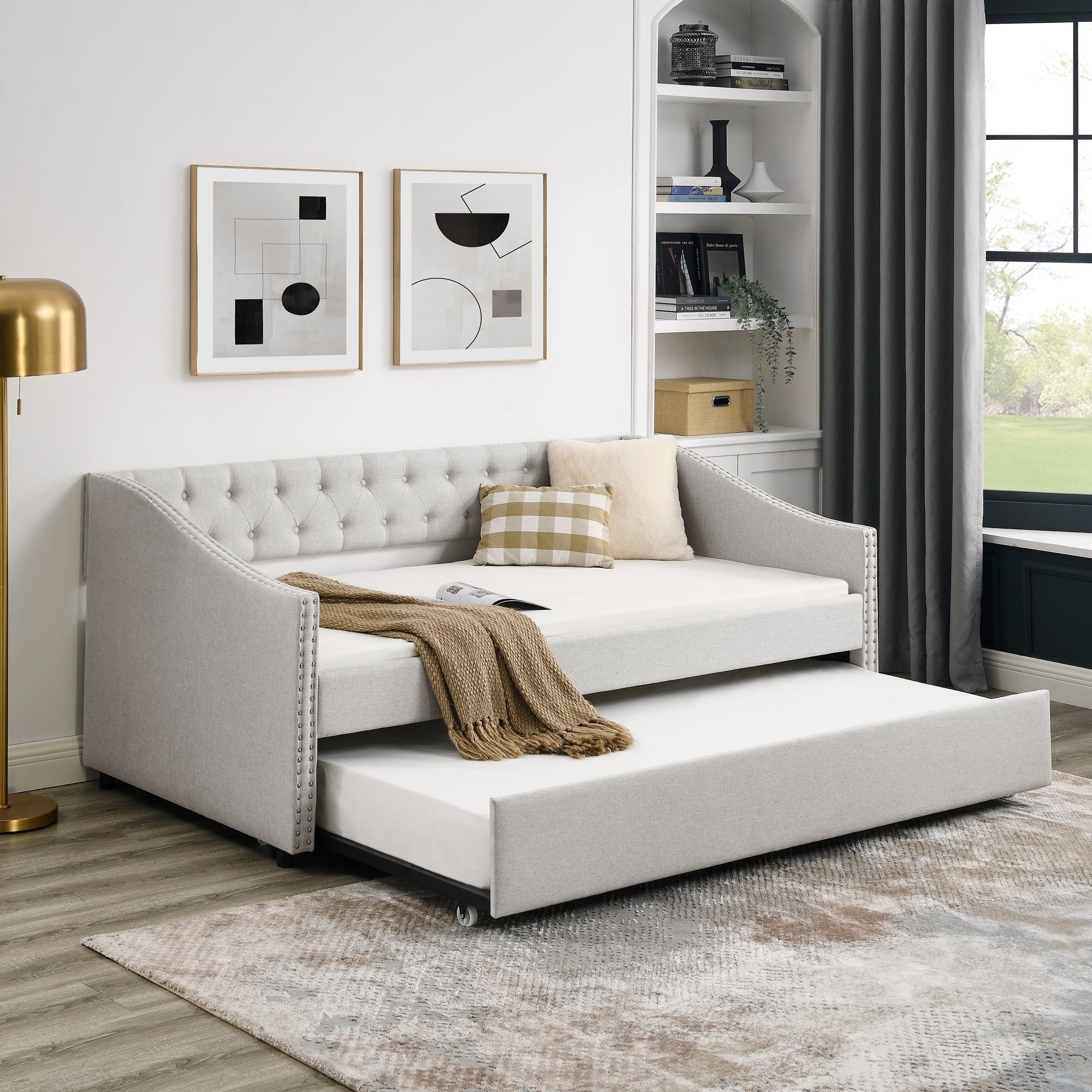 Beige Upholstered Tufted Twin Daybed with Trundle, Copper Nail-Trimmed Waved Arms, Eucalyptus Wood Frame, 80.5'x41'x30.5' - Grand Goldman Shop