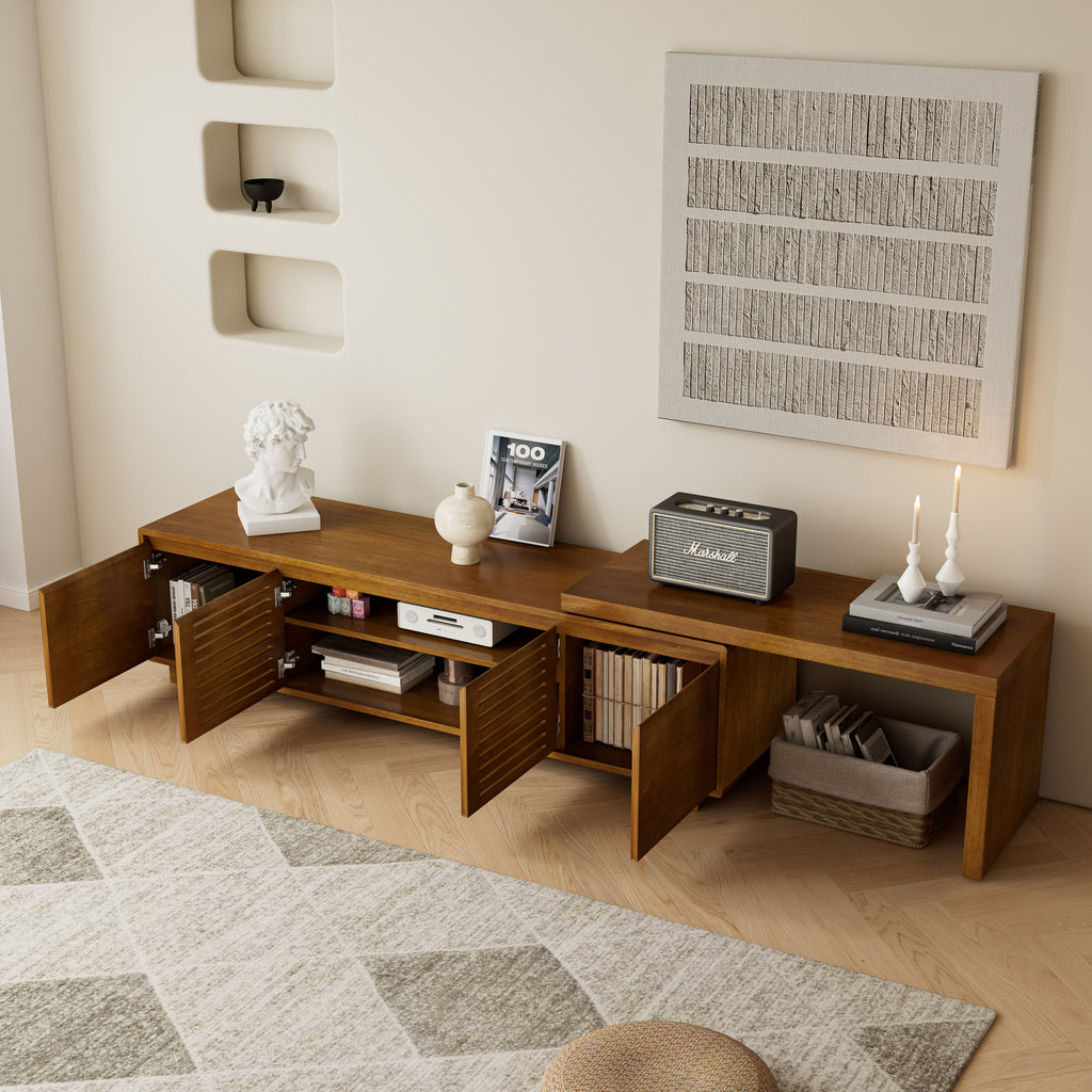 63' Mid-Century Modern Extendable TV Stand for TVs up to 75', Media Console TV Cabinet for Living Room, Farmhouse Entertainment Cabinet with Storage & Adjustable Panel - Grand Goldman Shop
