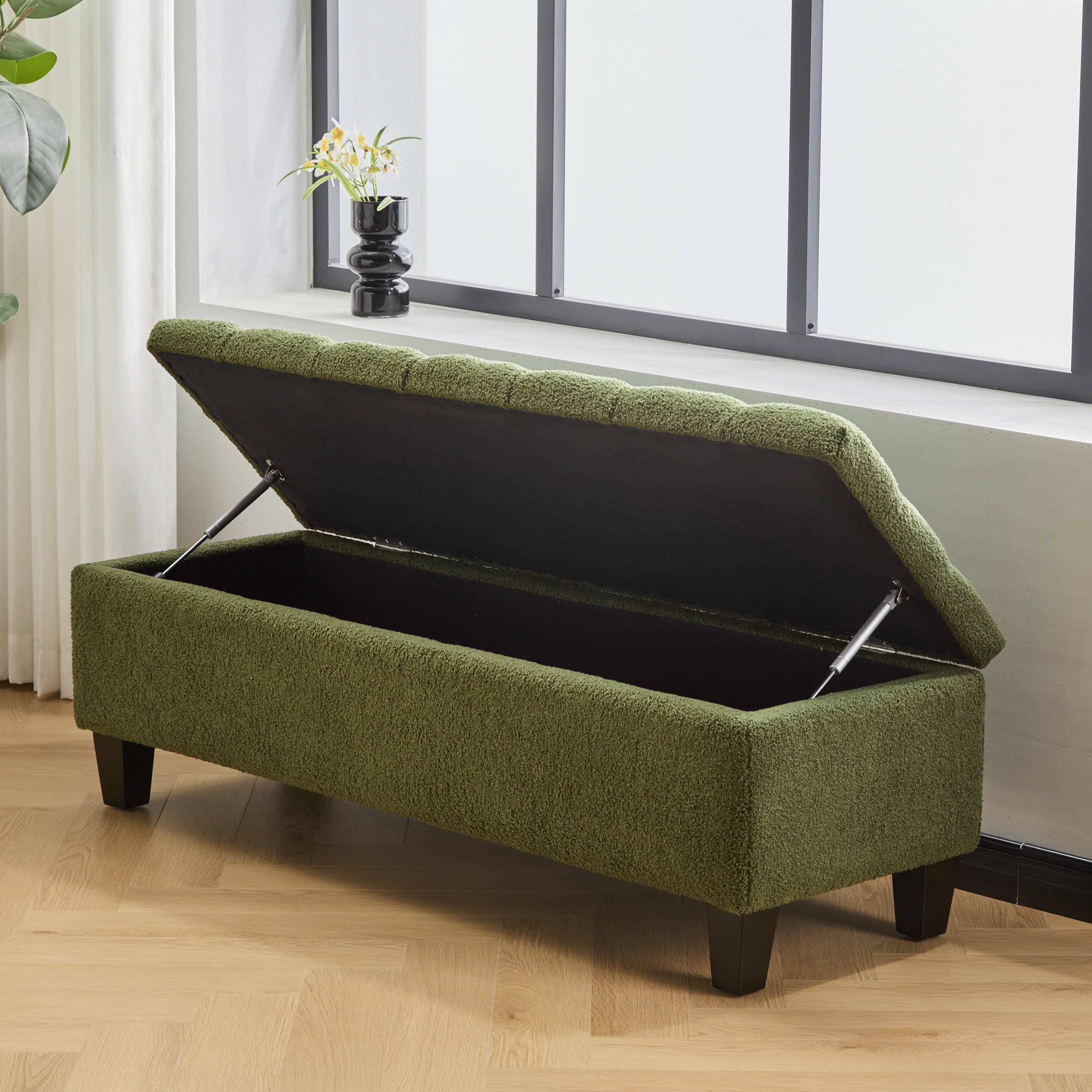 Ottoman Bench with Storage, Green Boucle Surface, Rubber Wood Legs, 300 lbs Capacity - Grand Goldman Shop