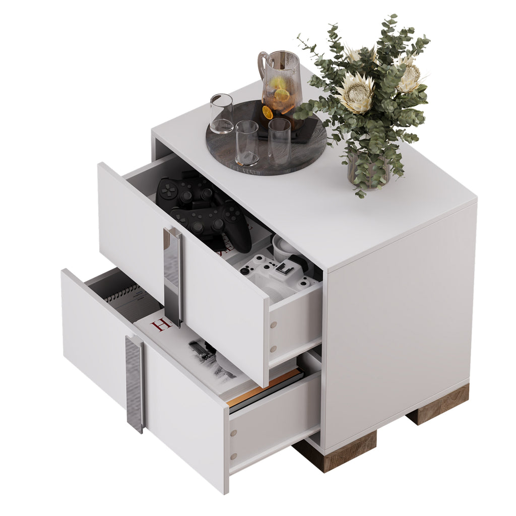 Modern End Table with Drawers, Elegant Nightstand with Metal Foot,Wood Bedside Table with Mirrored Metal Handles,Sofa Side End Table for Bedroom Living Room Office,White - Grand Goldman Shop