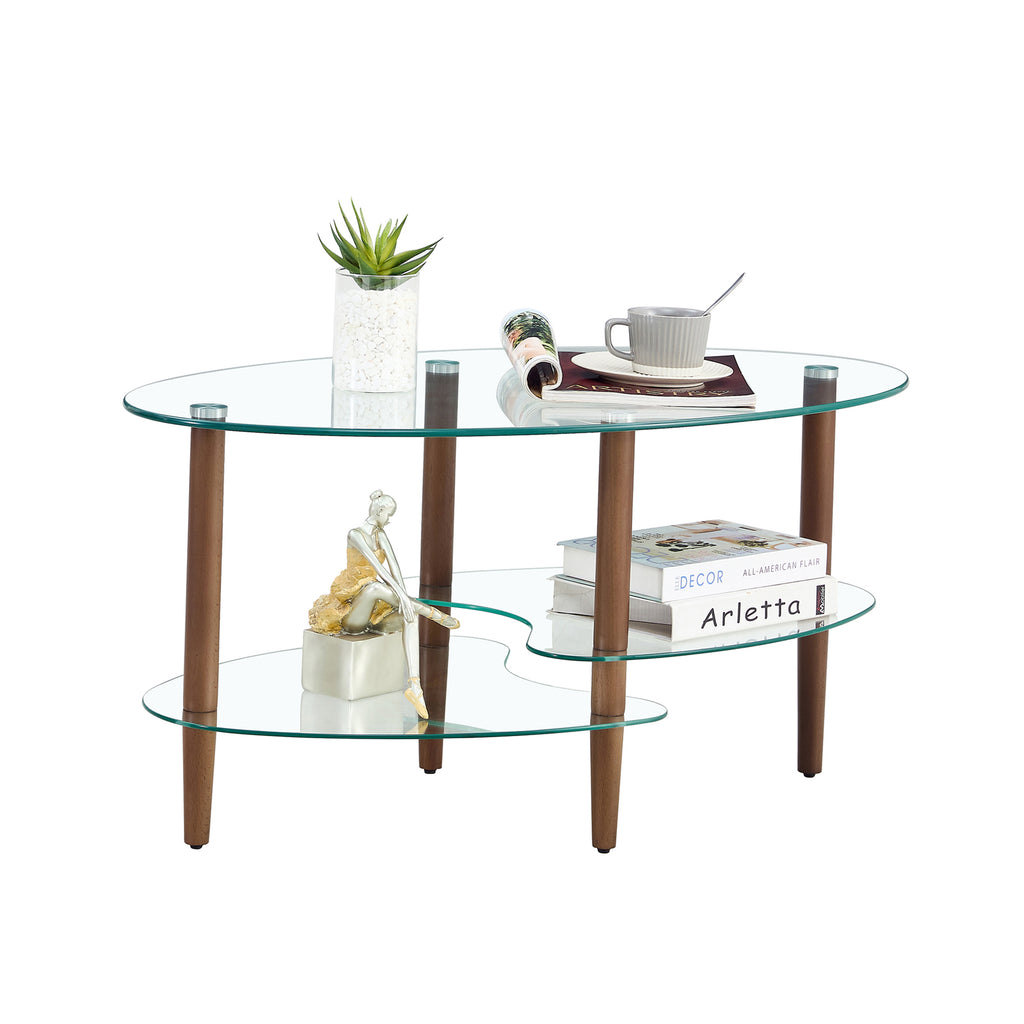 Modern Transparent Oval Glass Coffee Table with Oak Wood Legs, 3-Layer Design for Living Room - Grand Goldman Shop