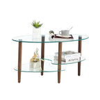 Modern Transparent Oval Glass Coffee Table with Oak Wood Legs, 3-Layer Design for Living Room - Grand Goldman Shop