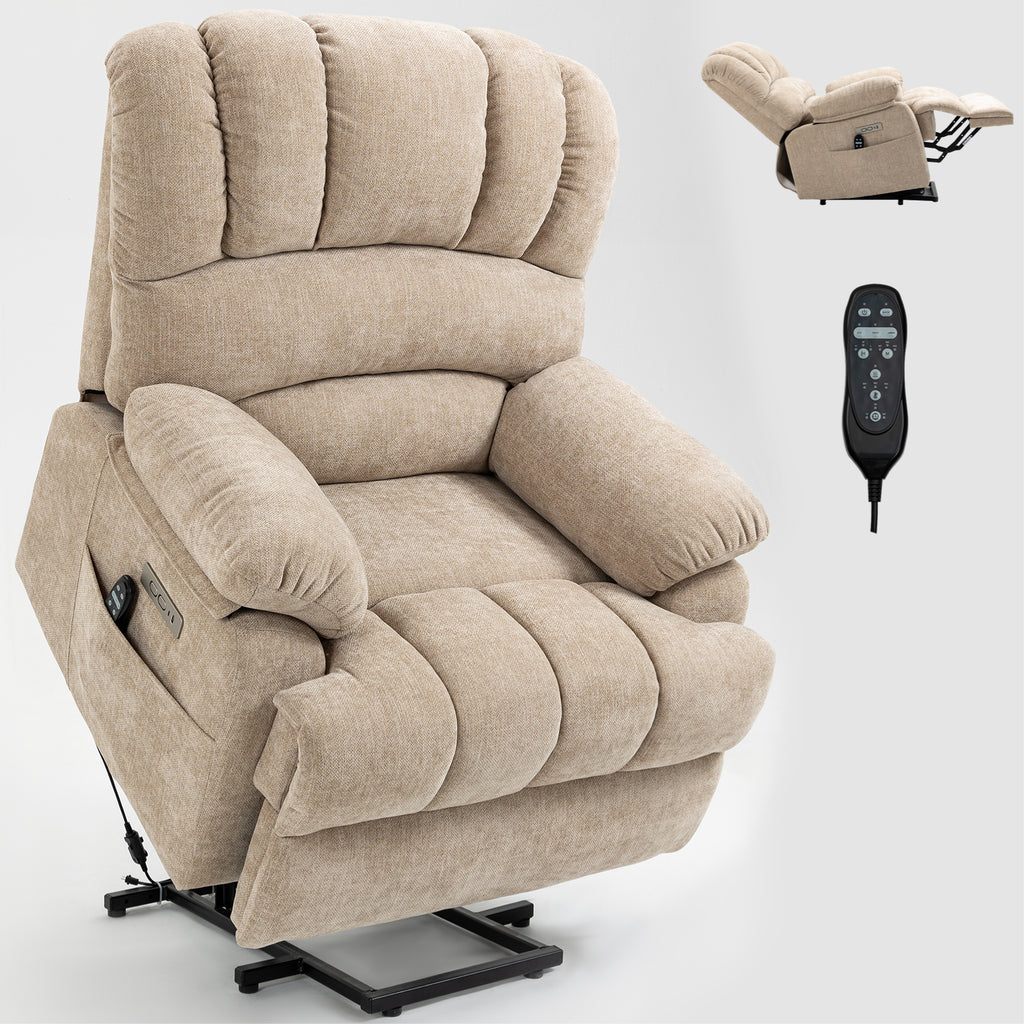 23' Seat Width and High Back Large Size Beige Chenille Power Lift Recliner Chair with 8-Point Vibration Massage and Lumbar Heating - Grand Goldman Shop