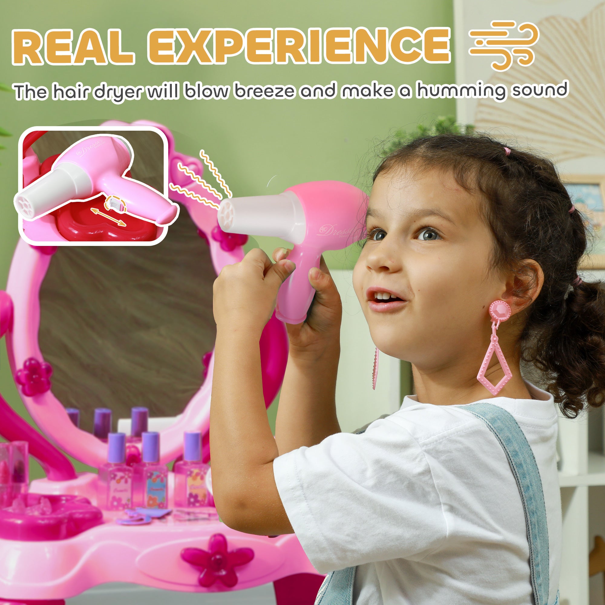 Qaba Kids Vanity Set with Mirror and Stool, Girls Makeup Table with Light and Sound, 15 Accessories, Pretend Play Set with Ha