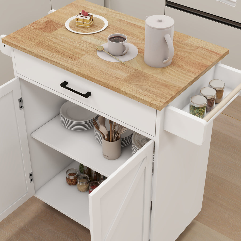 Kitchen island rolling trolley cart with Adjustable Shelves & towel rack & seasoning rack rubber wood table top-White - Grand Goldman Shop