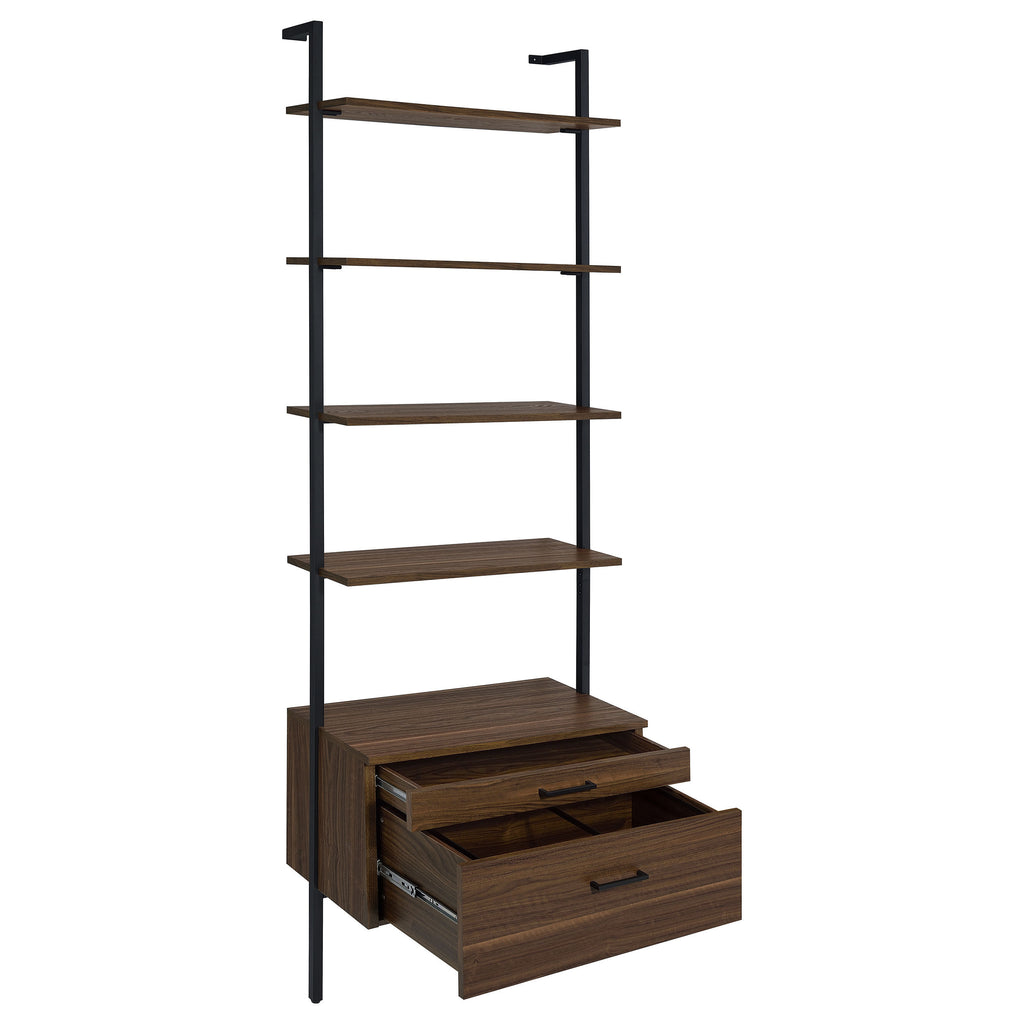 Wendell Walnut 4-Shelf Storage Wall Bookshelf with Drawer - Modern Industrial Style, Walnut Finish, Engineered Wood, 96in H x