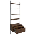 Wendell Walnut 4-Shelf Storage Wall Bookshelf with Drawer - Modern Industrial Style, Walnut Finish, Engineered Wood, 96in H x