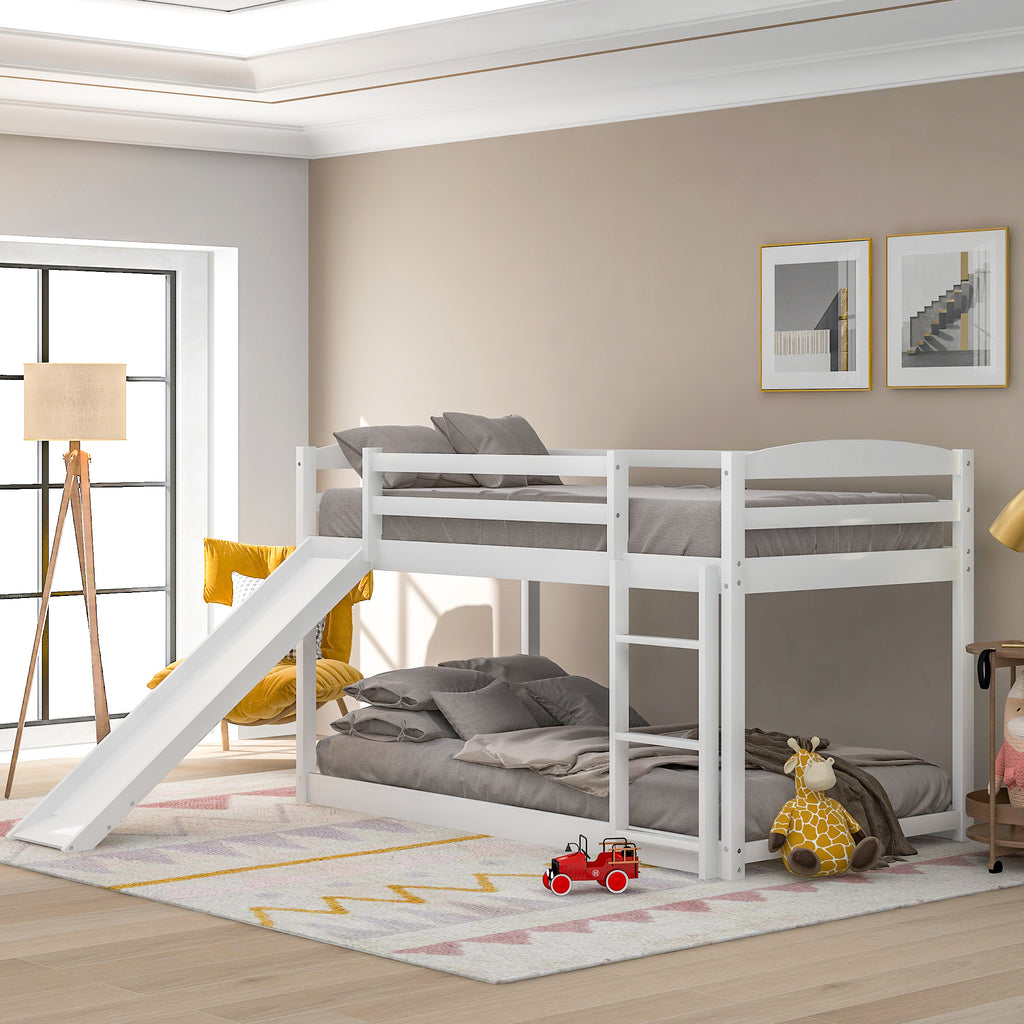 White Twin over Twin Bunk Bed with Convertible Slide and Ladder, Pine Wood and MDF, 79.3''L x 84.4''W x 46.5''H - Grand Goldman Shop