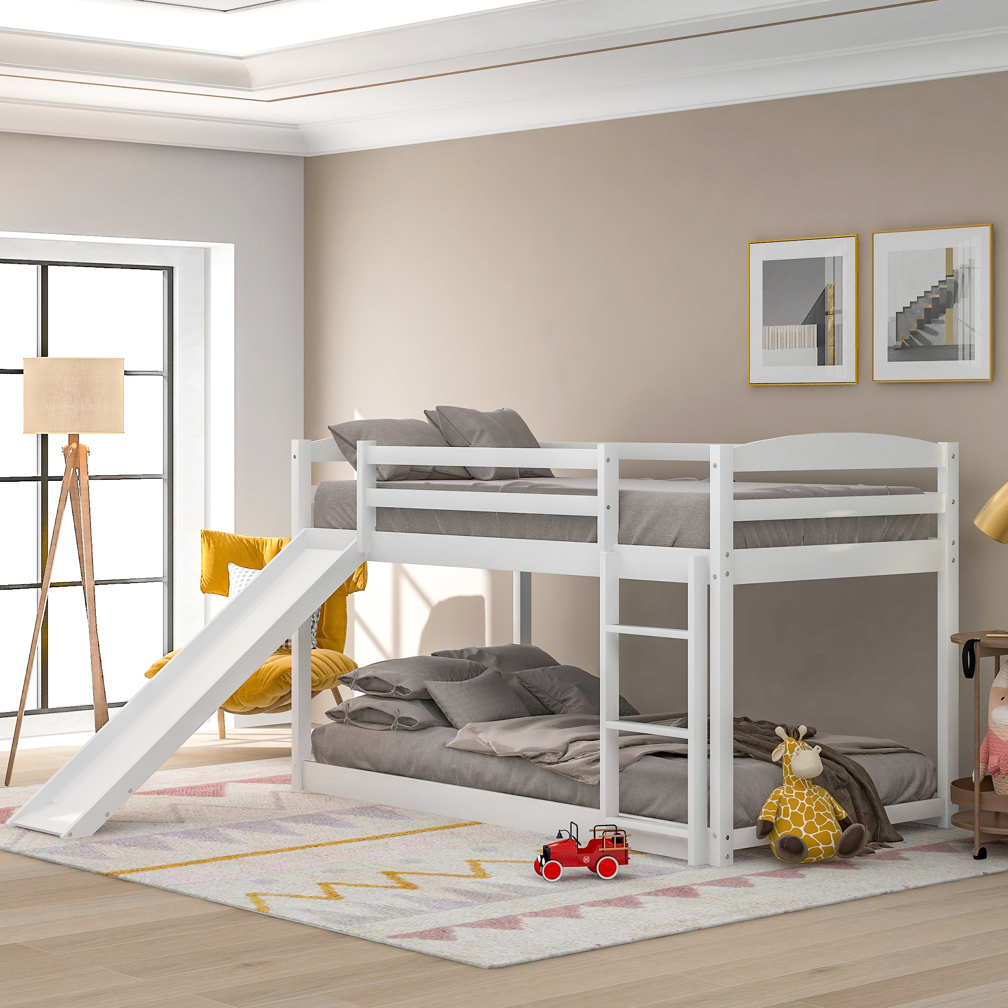 White Twin over Twin Bunk Bed with Convertible Slide and Ladder, Pine Wood and MDF, 79.3''L x 84.4''W x 46.5''H - Grand Goldman Shop