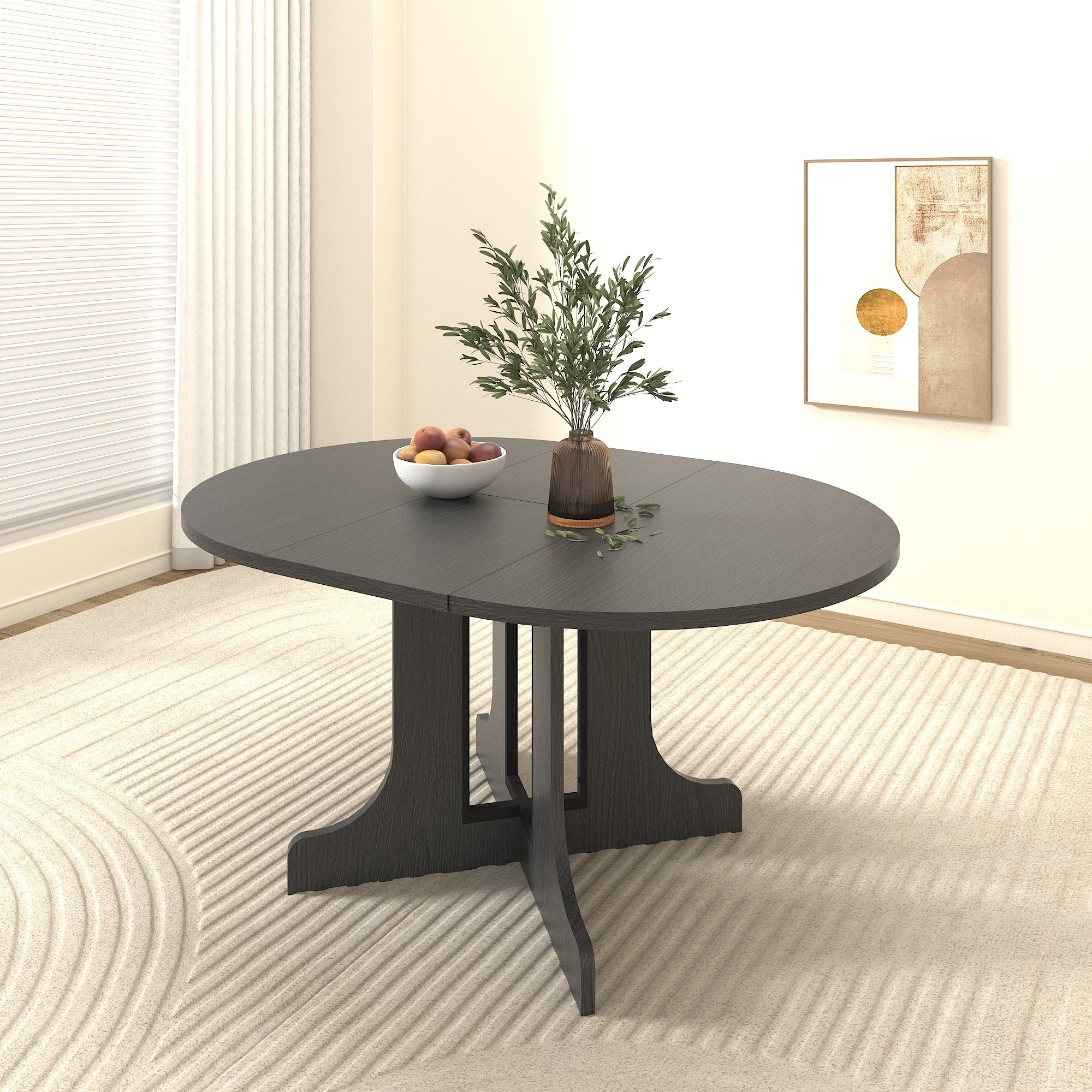 Farmhouse Kitchen Dining Table 59x43 Inch Expandable Oval Top with Removable Leaf Black MDF - Grand Goldman Shop