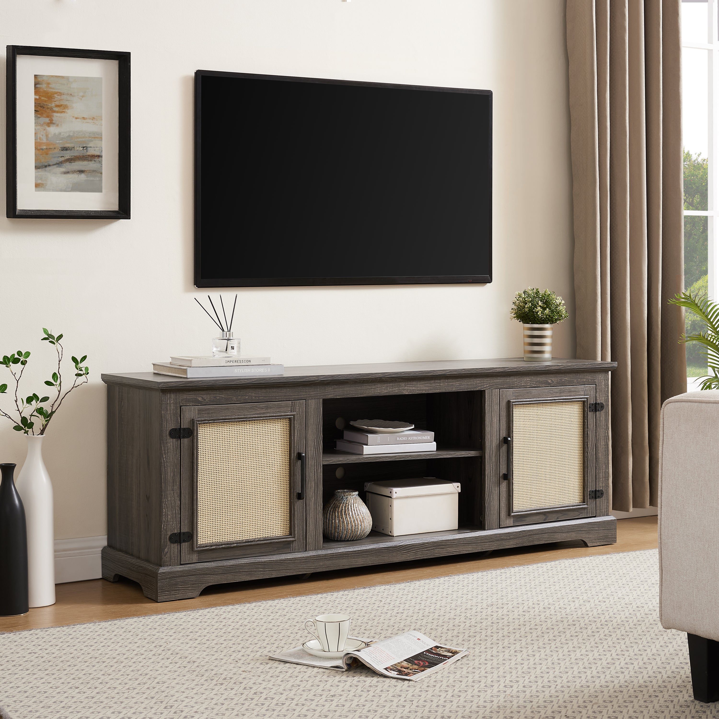 Farmhouse Rattan TV Stand Console Table for TVs up to 70 Inches, TV Console Table with 2 Storage Shelves, 2 Natural Rattan Door Cabinets, 65'W*15.55'D*23.86'H, Gray - Grand Goldman Shop
