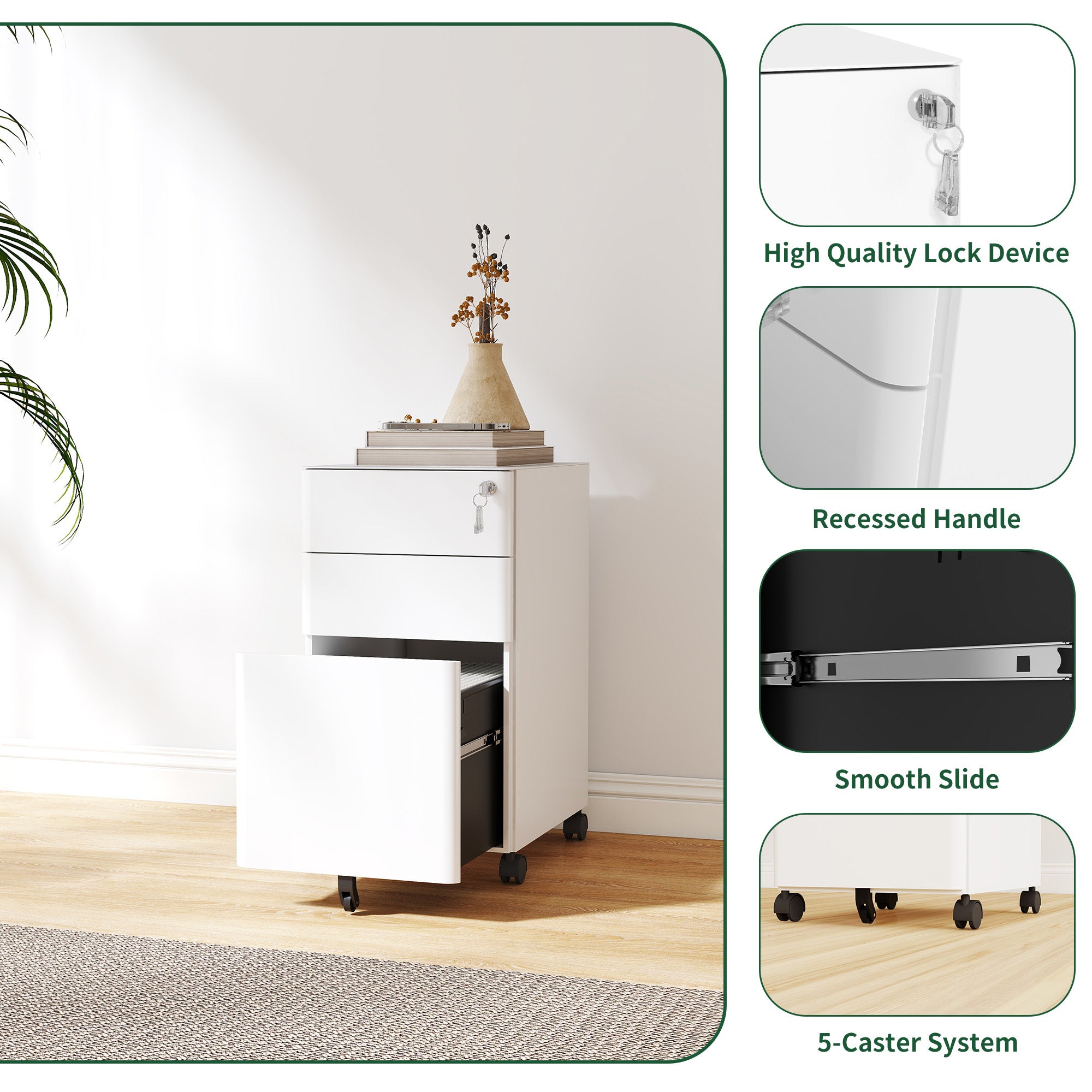 3-Drawer Mobile File Cabinet with Lock, All-Steel Metal Storage on Wheels, Two Shallow & One Deep Drawer for Office/Home, Ful