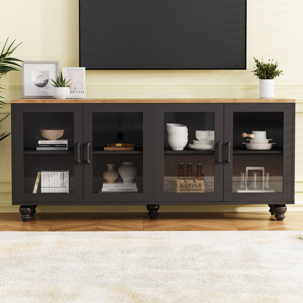 ON-TREND Farmhouse TV Stand with Tempered Glass Doors for TVs Up to 70', Versatile Sideboard with Adjustable Shelves, Elegant Buffet Cabinet with 5 Solid Wood Gourd-Shaped Legs for Living Room, Black - Grand Goldman Shop