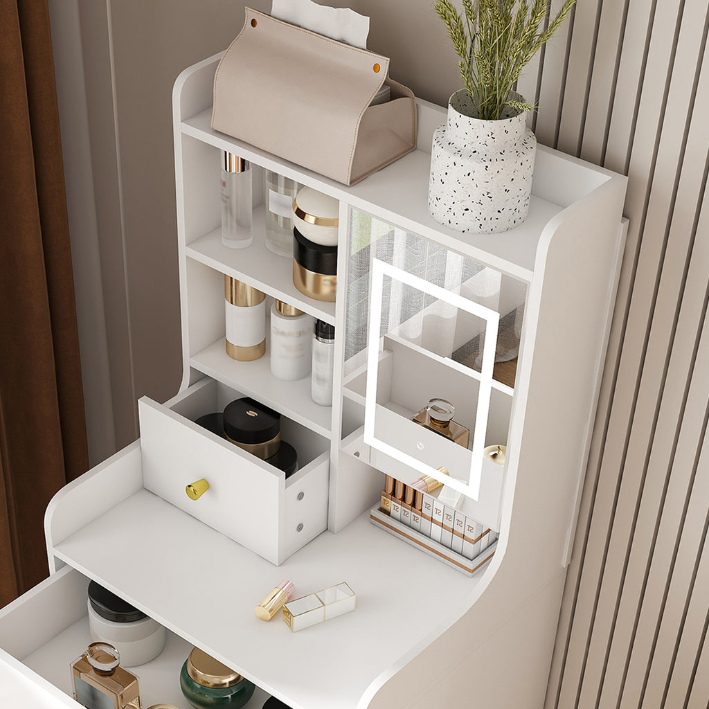 3-in-1 Dressing Table with LED Mirror & Storage Stool, Compact Makeup Vanity, White MDF, 50.39x19.69x15.75 inches - Grand Goldman Shop