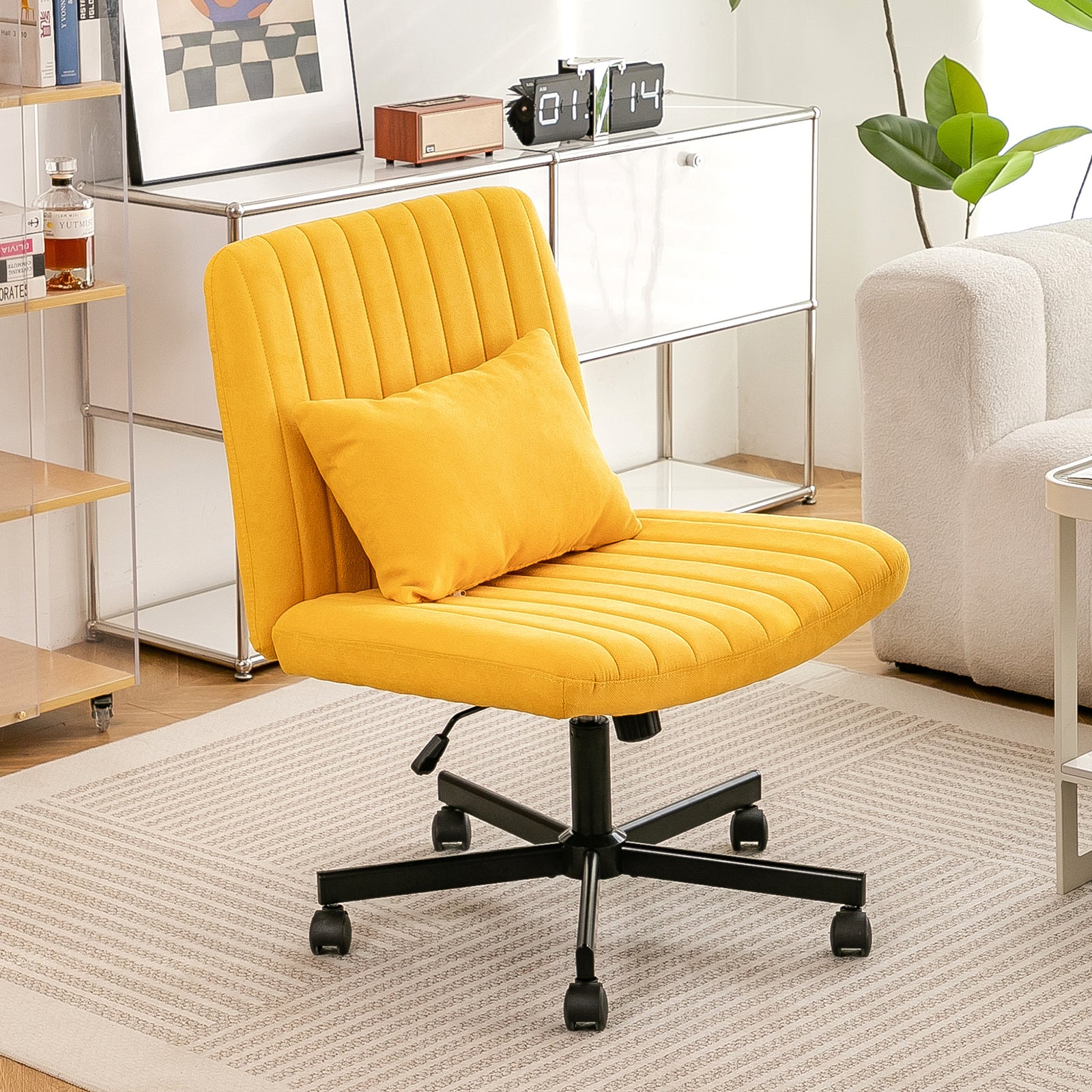 Yellow Linen Criss Cross Armless Office Chair with Wheels - Modern Comfort for Home Office, Meditation & Makeup Spaces - Gran