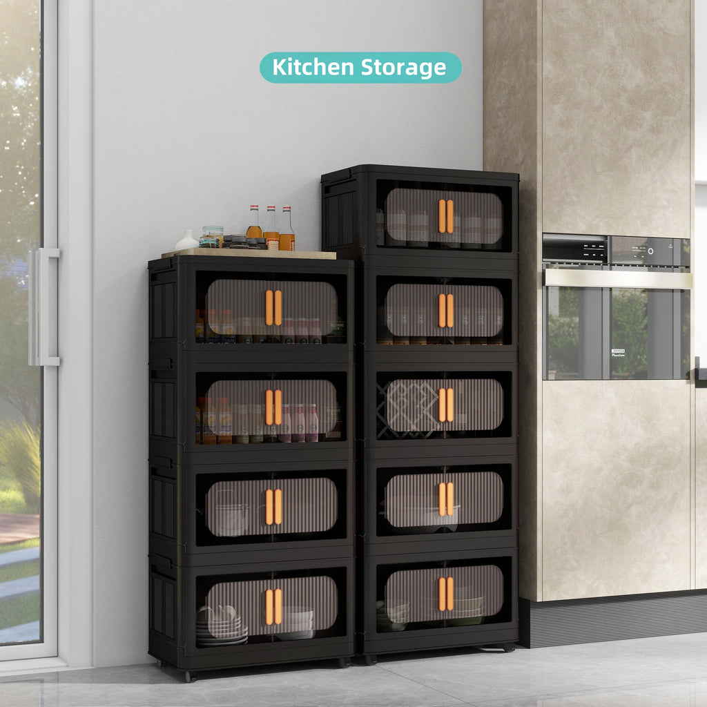 Black,20' Side Wide Folding Storage Cabinet ,4 Tiers,19.69'×11.81'×40.55',Collapsible Storage Bins with Magnetic Door, Plastic Storage Cabinet with Wheels - Grand Goldman Shop