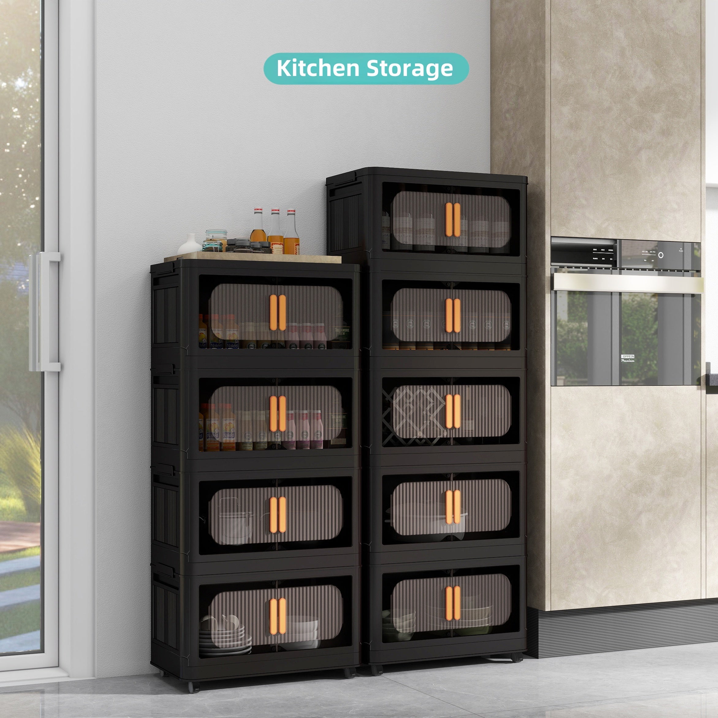 Black,20' Side Wide Folding Storage Cabinet ,4 Tiers,19.69'×11.81'×40.55',Collapsible Storage Bins with Magnetic Door, Plastic Storage Cabinet with Wheels - Grand Goldman Shop