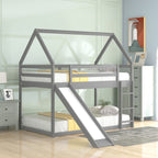 Gray House-Shape Twin Over Twin Bunk Bed with Slide and Ladder, Pine Wood and MDF, 77.4''L x 41.7''W x 70.9''H - Grand Goldman Shop