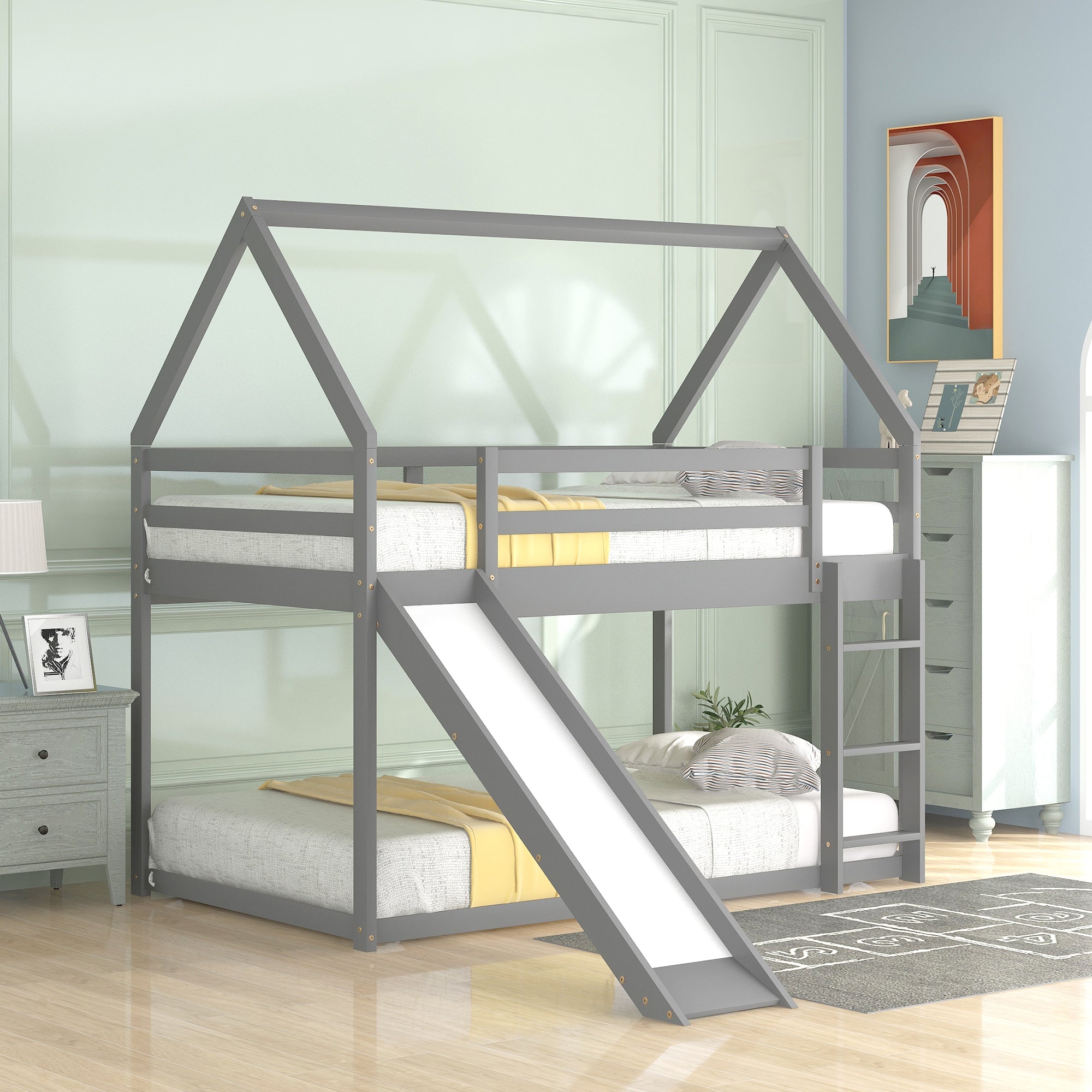Gray House-Shape Twin Over Twin Bunk Bed with Slide and Ladder, Pine Wood and MDF, 77.4''L x 41.7''W x 70.9''H - Grand Goldman Shop