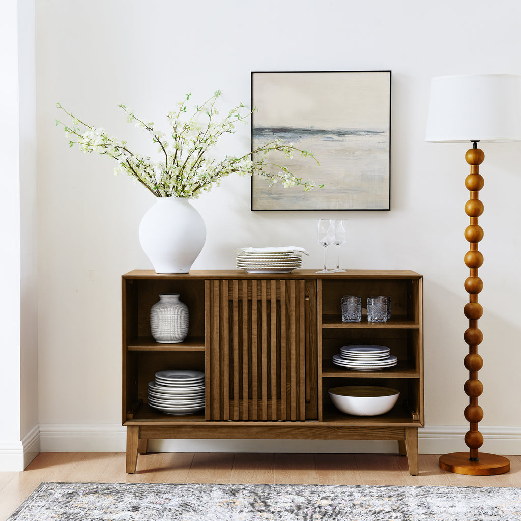 47.3' Sideboard Buffet Cabinet with Storage, Farmhouse Fluted Sideboard with 2 Doors & Solid Wood Feet, TV Media Console, Storage Cabinet for Kitchen Dining Living Room Entryway Hallway, Walnut - Grand Goldman Shop