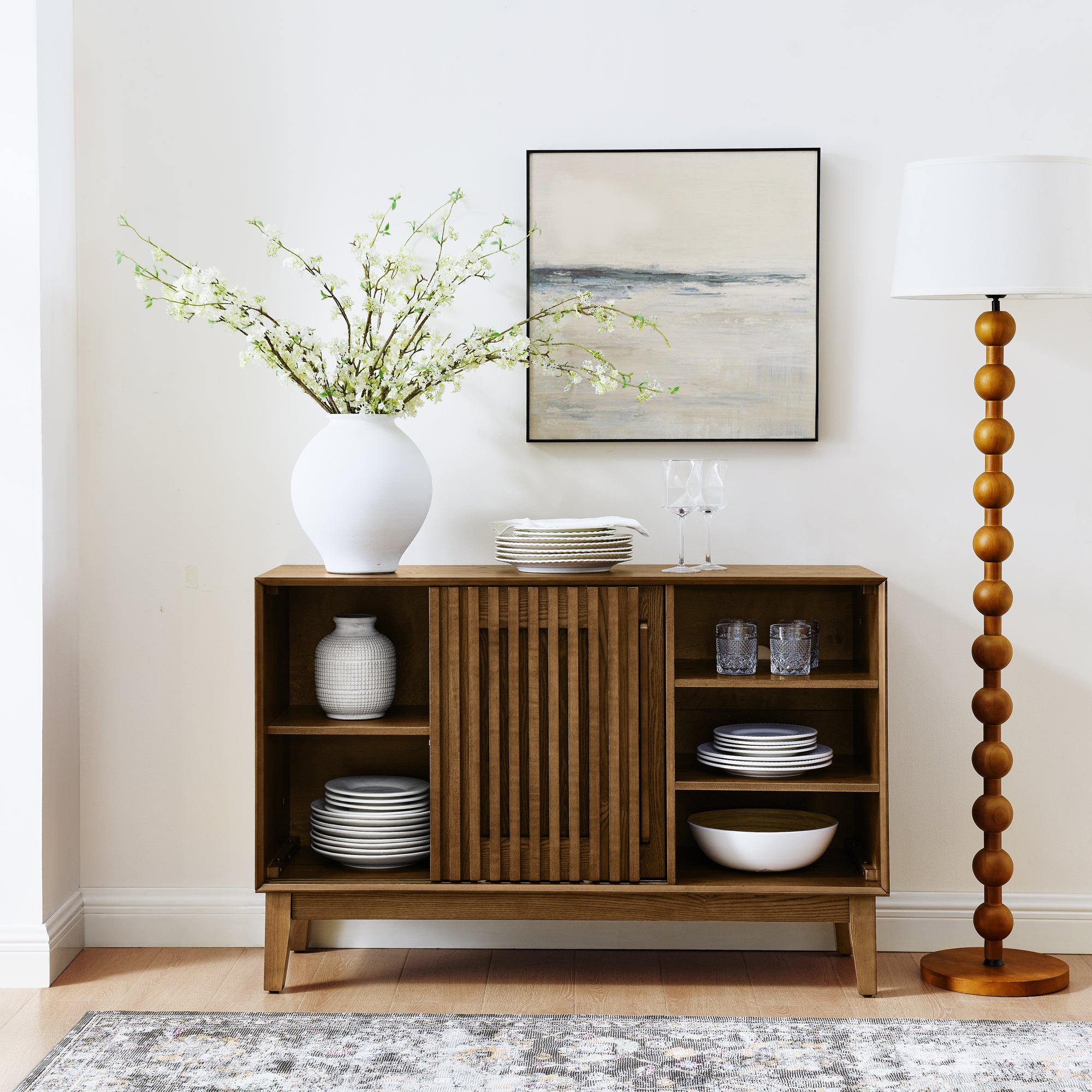 47.3' Sideboard Buffet Cabinet with Storage, Farmhouse Fluted Sideboard with 2 Doors & Solid Wood Feet, TV Media Console, Storage Cabinet for Kitchen Dining Living Room Entryway Hallway, Walnut - Grand Goldman Shop