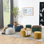 Light Grey Round Storage Ottoman, 2 in 1 Function End Table and Ottoman with Small Seat, Eucalyptus Wood and Foam - Grand Goldman Shop