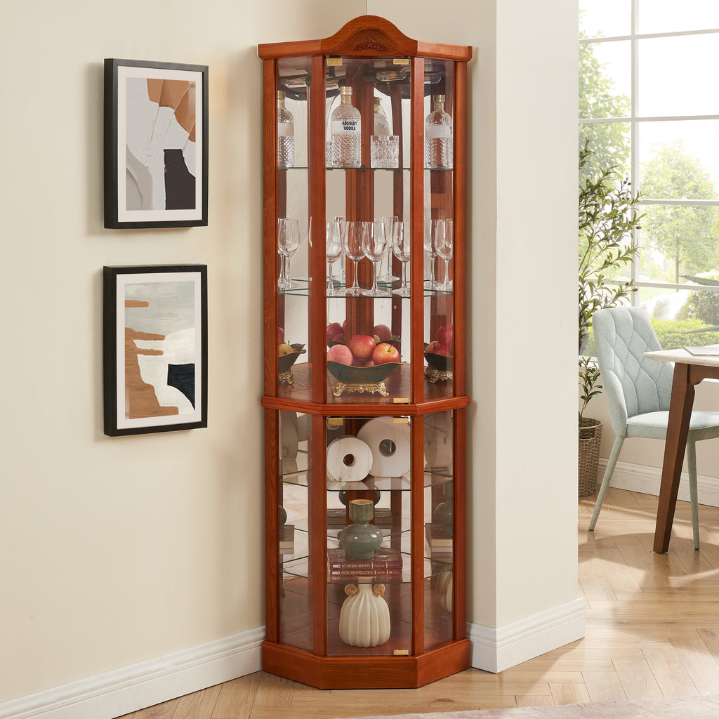 Glass Cabinet Lighted Corner Cabinet Corner Display Curio Cabinet, Glass Display With Light(Included)Bar Cabinet,Wine Cabinet with Adjustable Glass Shelves Carved Decoration OAK Light(Included) - Grand Goldman Shop