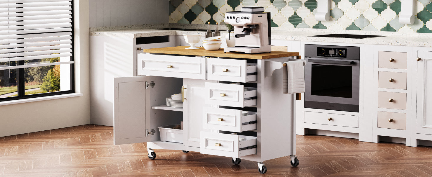 K&K 52'' Kitchen Island with Drop Leaf, Embossed Texture Kitchen Island on Wheels with Spice Rack, Towel Rack, 2 Doors and 5 Drawers, Kitchen Storage Cart with Adjustable Shelf for Kitchen, White - Grand Goldman Shop