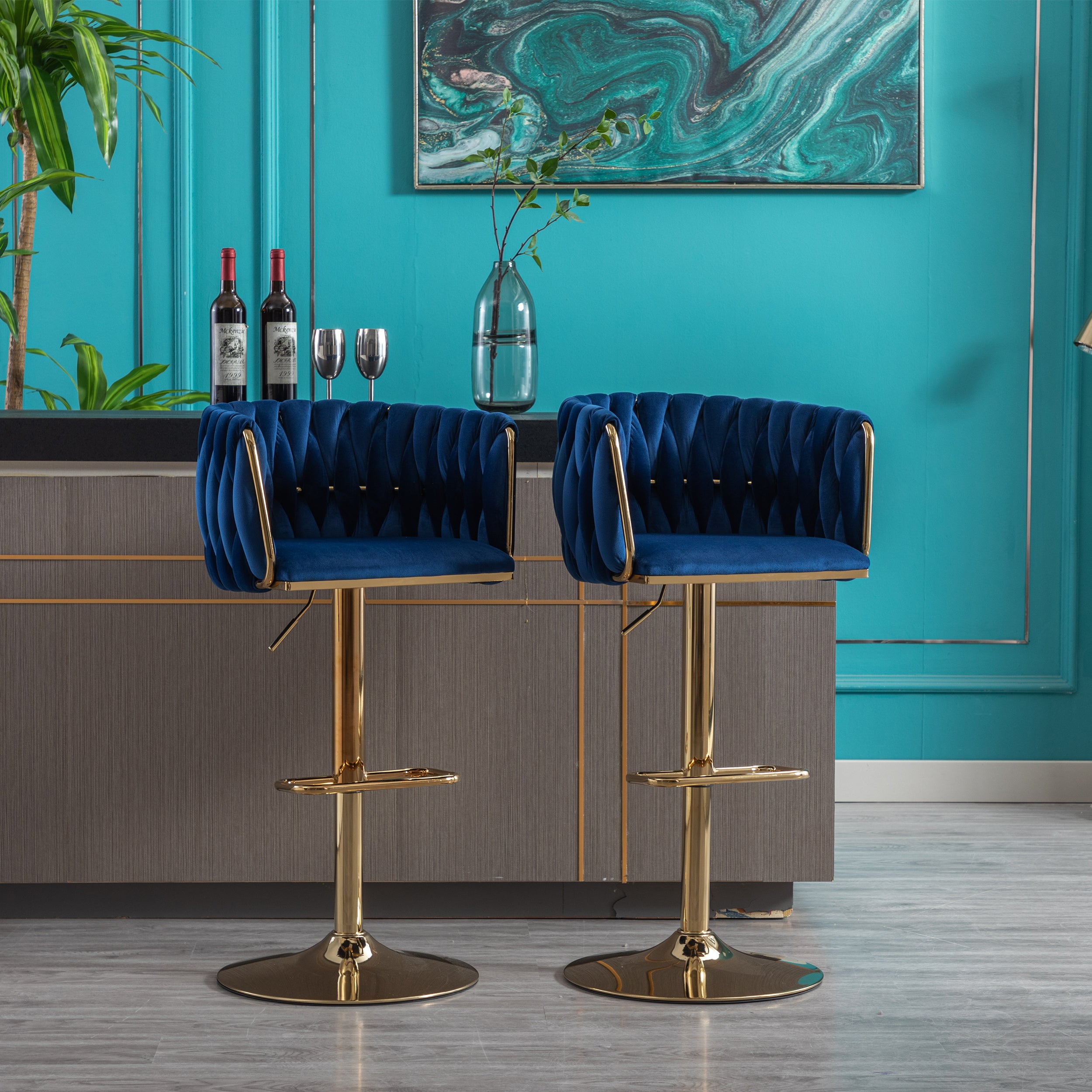 Set of 2  Bar Stools,with Chrome Footrest and Base Swivel Height Adjustable Mechanical Lifting Velvet + Golden Leg Simple Bar Stool-Navy - Grand Goldman Shop
