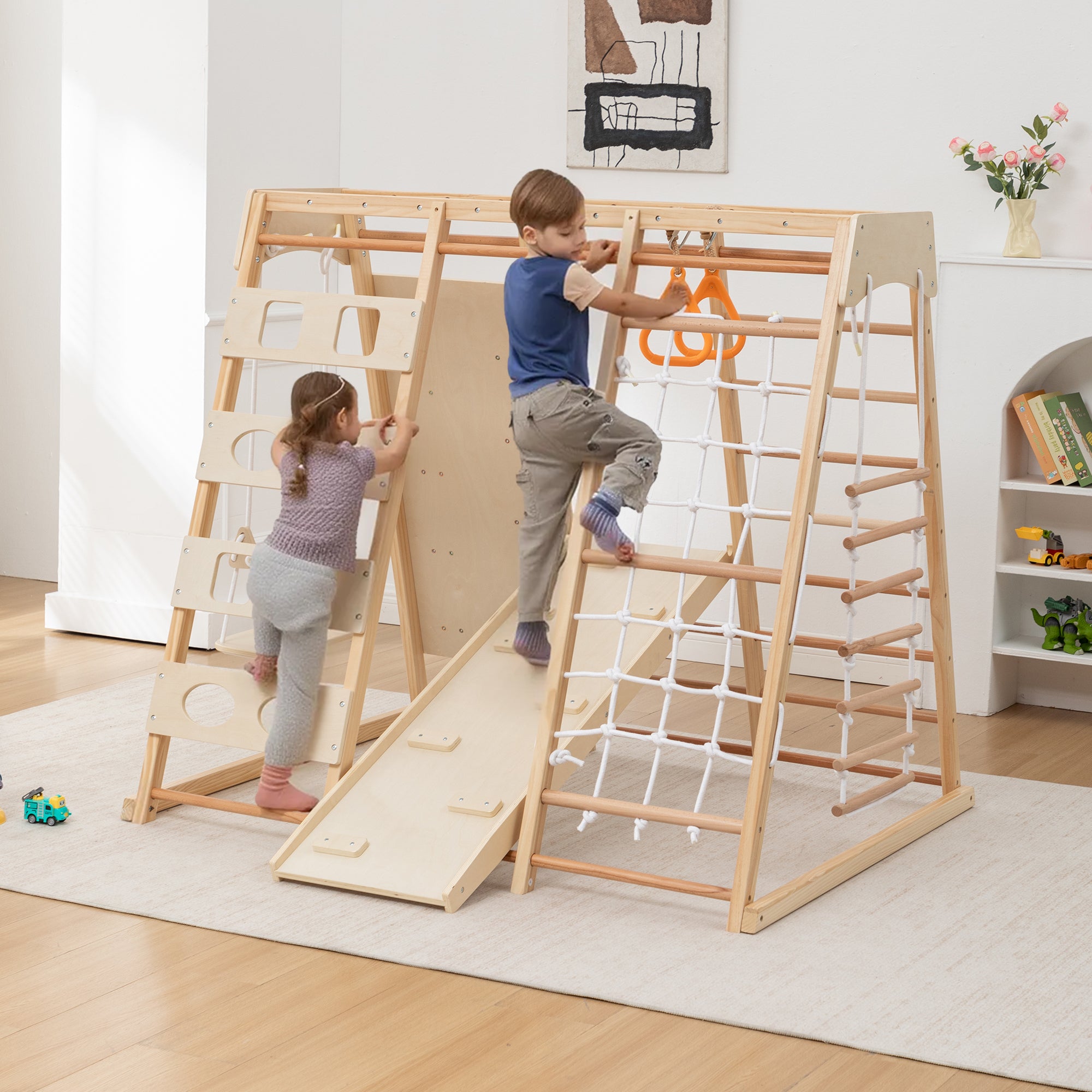Stylish 9-in-1 Slide and Climbing Wall for Toddlers 3+, Wooden Indoor Play Structure, Heavy Duty 176 lbs Capacity, Safe Round