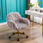 HengMing Modern Faux fur home office chair, fluffy chair for girls, makeup vanity Chair with Gold Plating Base | Premium Home