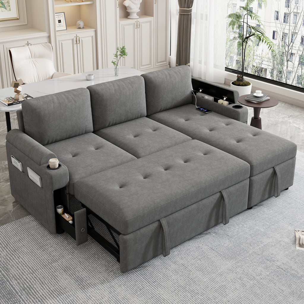 Modern L-shaped Convertible Sofa Bed with Storage, Cup Holders, USB Ports, Gray Chenille, 83.5' - Grand Goldman Shop