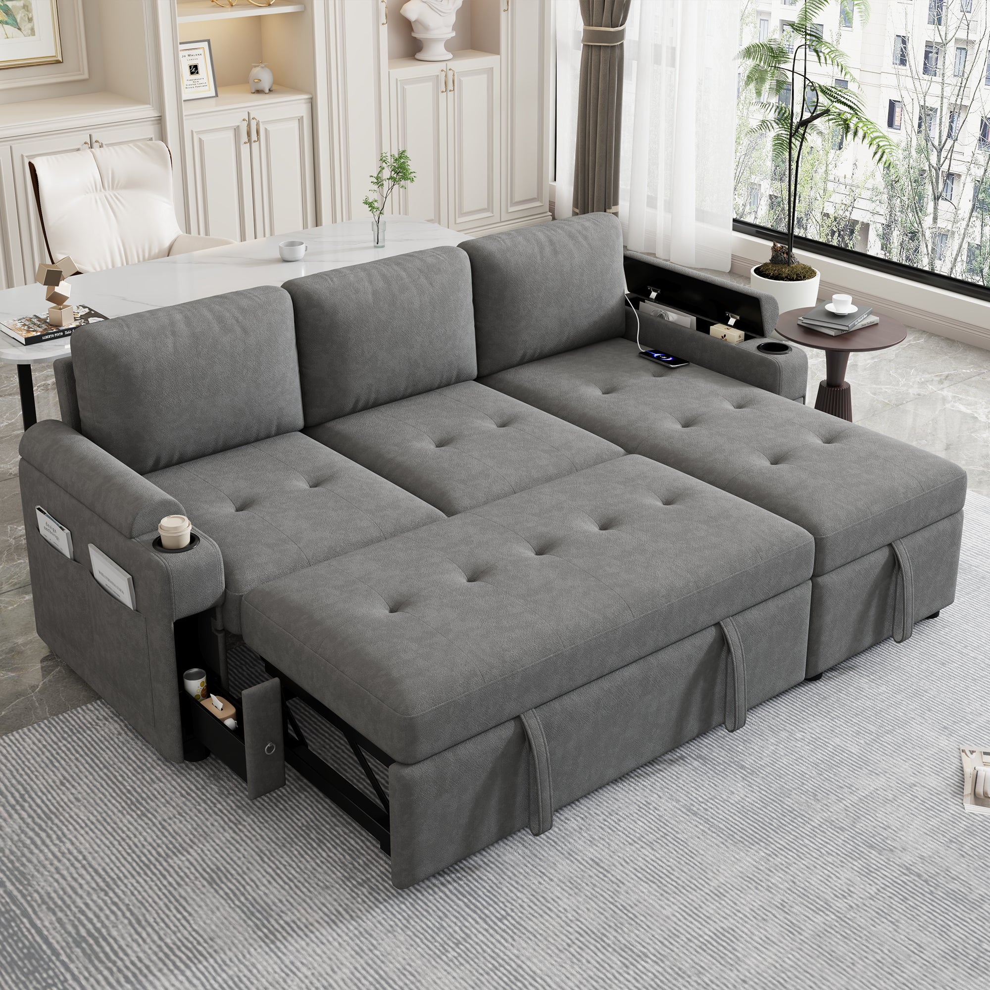 Modern L-shaped Convertible Sofa Bed with Storage, Cup Holders, USB Ports, Gray Chenille, 83.5' - Grand Goldman Shop