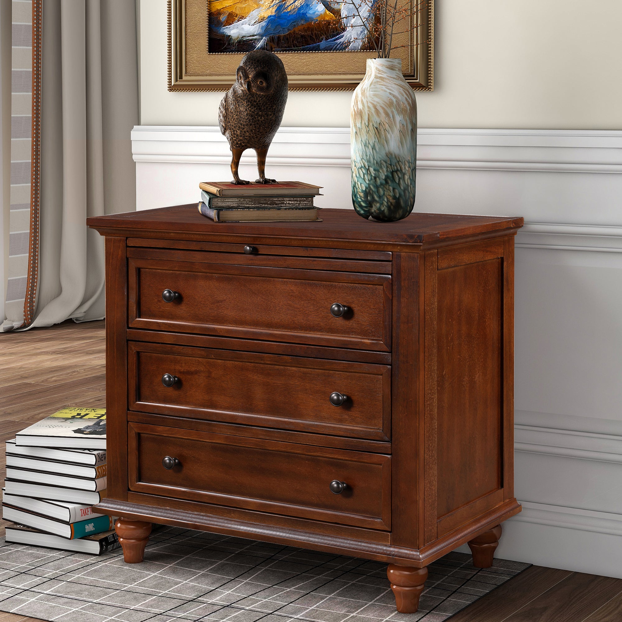 U_STYLE 27.6''Nightstand with Pine Wood veneer , Fashion Bedside Cabinet with 3 Drawers and pull-out tray, Minimalist Sofa Side Table with rubber legs and Metal handle for Bedroom Sofa Couch Office - Grand Goldman Shop