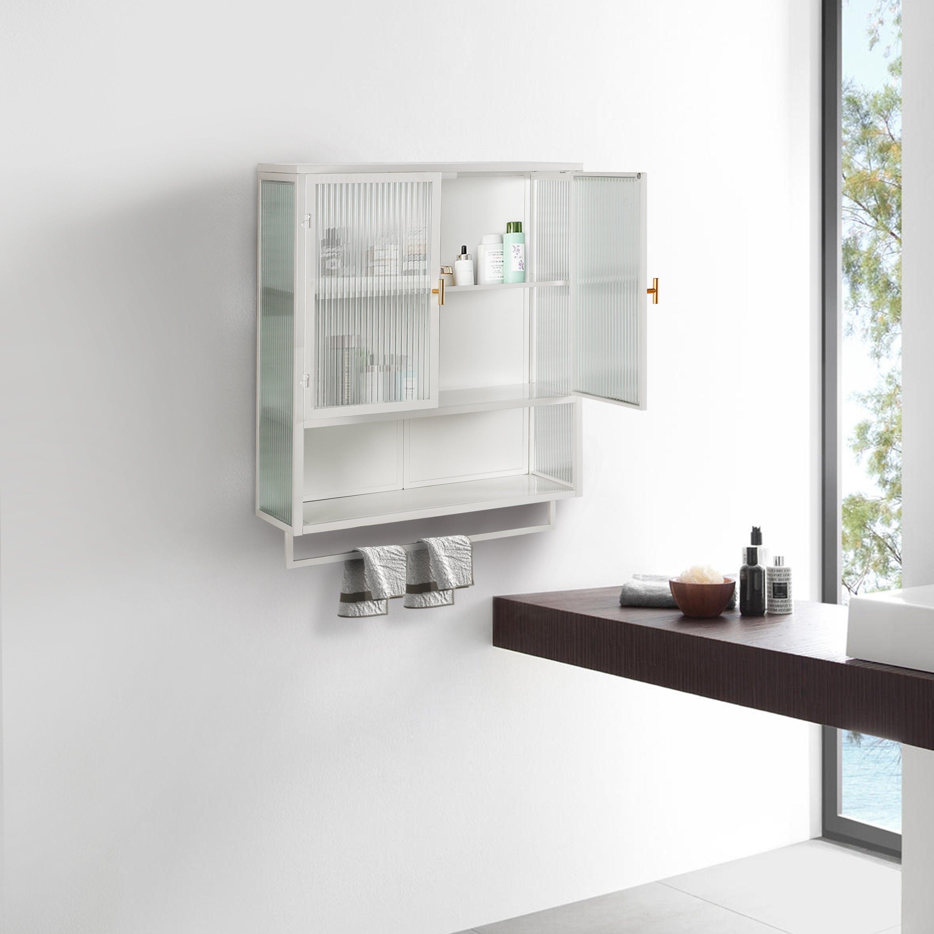 23.62'Glass Doors Modern Two-door Wall Cabinet with Featuring Two-tier Enclosed Storage, an Open Shelf, and Towel Rack, for Entryway Living Room Bathroom Dining Room - Grand Goldman Shop