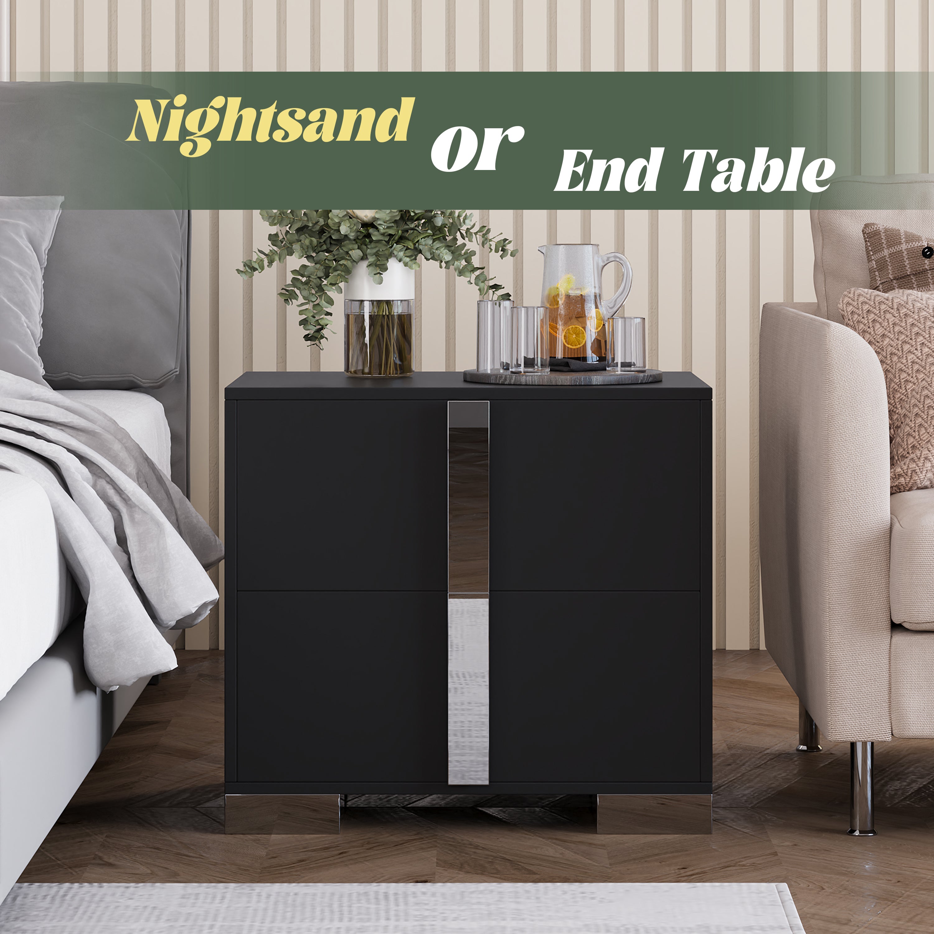 Modern End Table with Drawers, Elegant Nightstand with Metal Foot,Wood Bedside Table with Mirrored Metal Handles,Sofa Side End Table for Bedroom Living Room Office,Black - Grand Goldman Shop