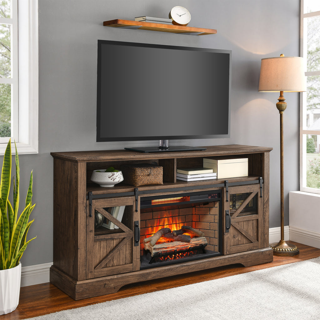 60 Inch Electric Fireplace  Entertainment Center With Door Sensor-Reclaimed Barnwood Color - Grand Goldman Shop
